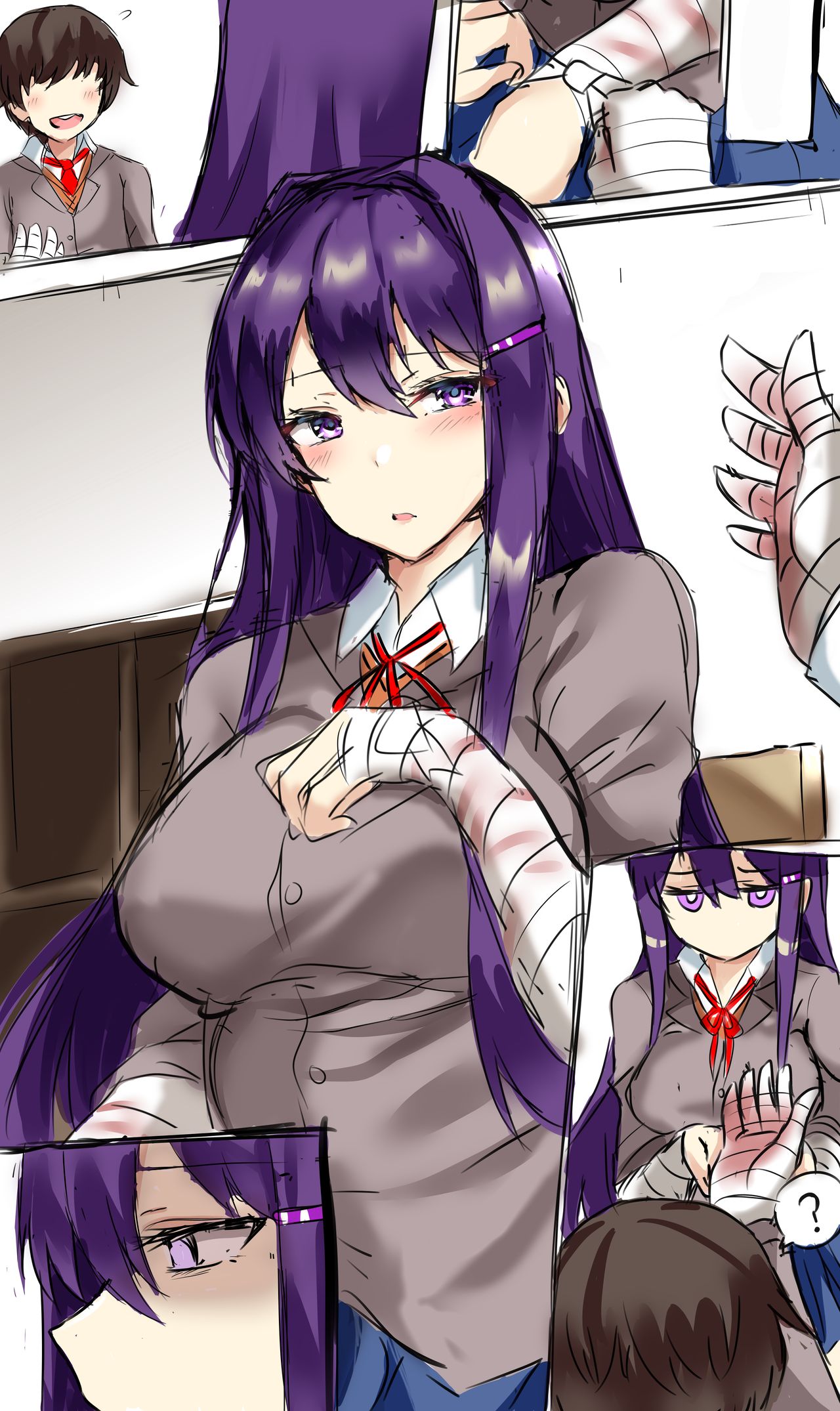 ?, bandage, bandages, big breasts, blood, blush, blushing, breasts, comic, comic page, confusion, cute, doki doki literature club, farys (afopahqfw), female, long hair, mc (doki doki literature club!), purple eyes, purple hair, scar, scars, tagme, yuri (doki doki literature club)