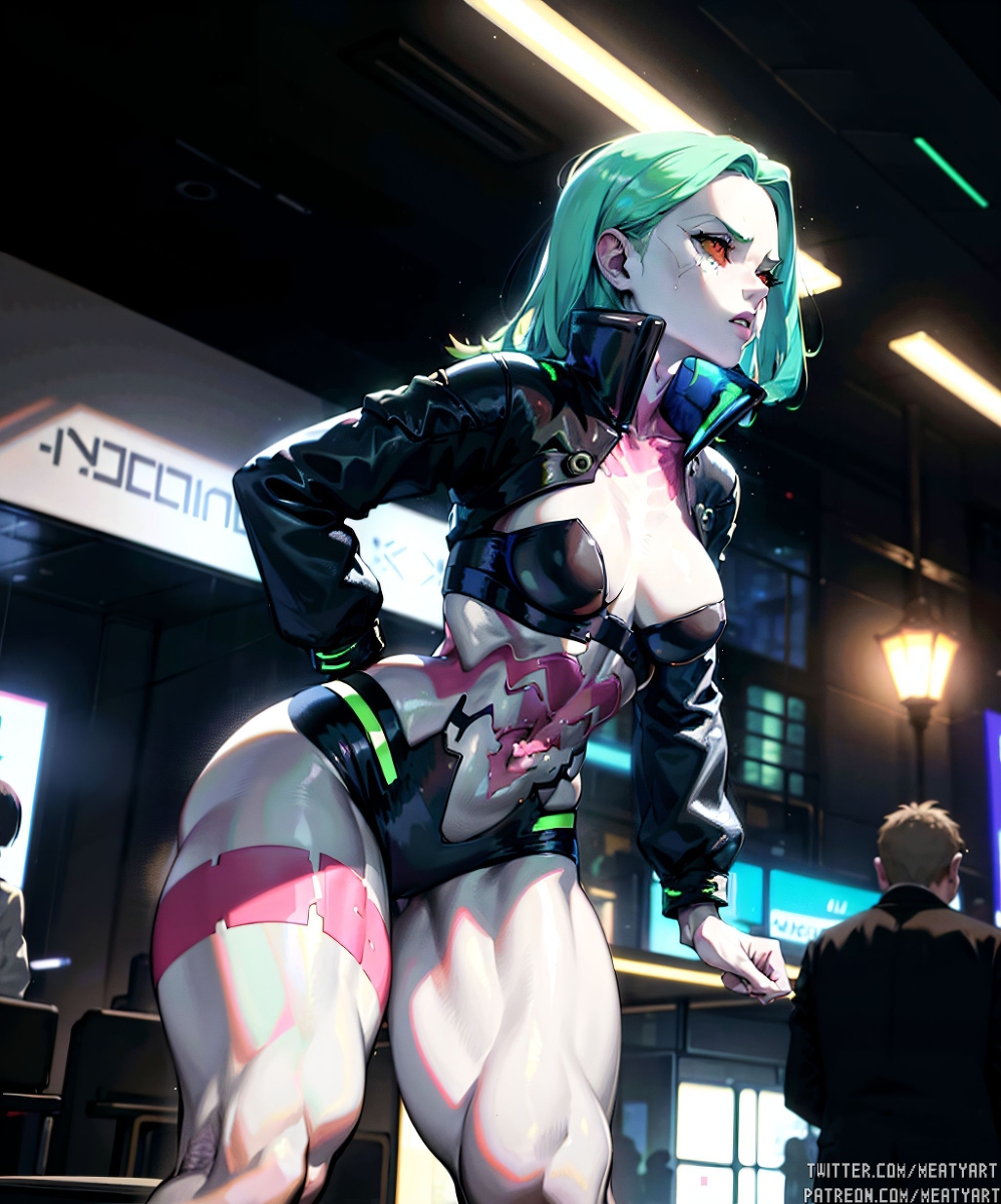 ai generated, cyberpunk 2077, cyberpunk: edgerunners, female, muscles, muscular, muscular female, muscular legs, muscular thighs, rebecca (edgerunners)