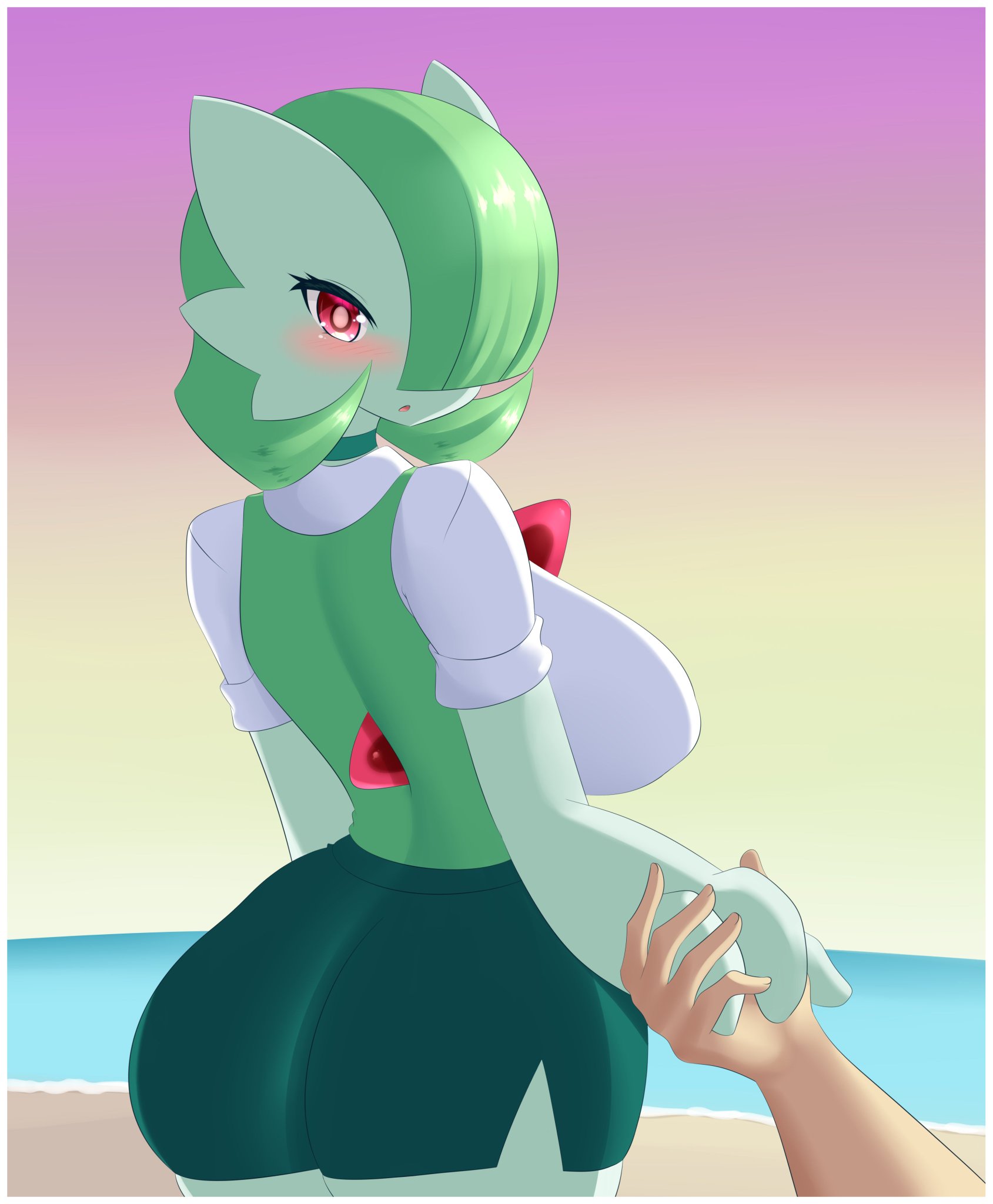 ass, beach, blush, breasts, commission, female, gardevoir, hair over one eye, holding hands, humanoid, jcdr, large breasts, looking at viewer, looking back, nougat (jcdr), open mouth, pokémon (species), pokemon, pokemon (species), pov, pov eye contact, romantic, sideboob, skirt, wholesome
