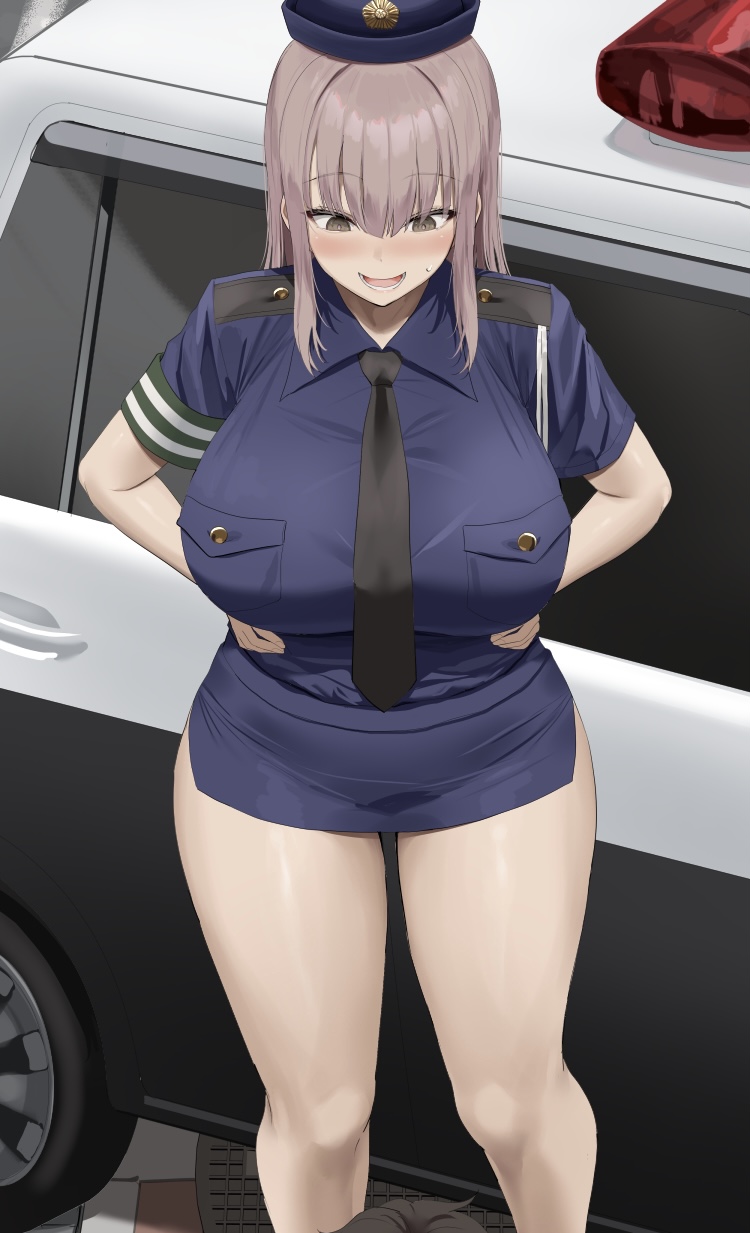 bare_legs bare_thighs big_breasts blush breasts_bigger_than_head brown_hair car curvy hands_on_hips hazel_eyes huge_breasts large_breasts light_brown_hair looking_down massive_breasts oekakizuki police police_car police_uniform policewoman short_skirt smile thick_thighs tie voluptuous wide_hips