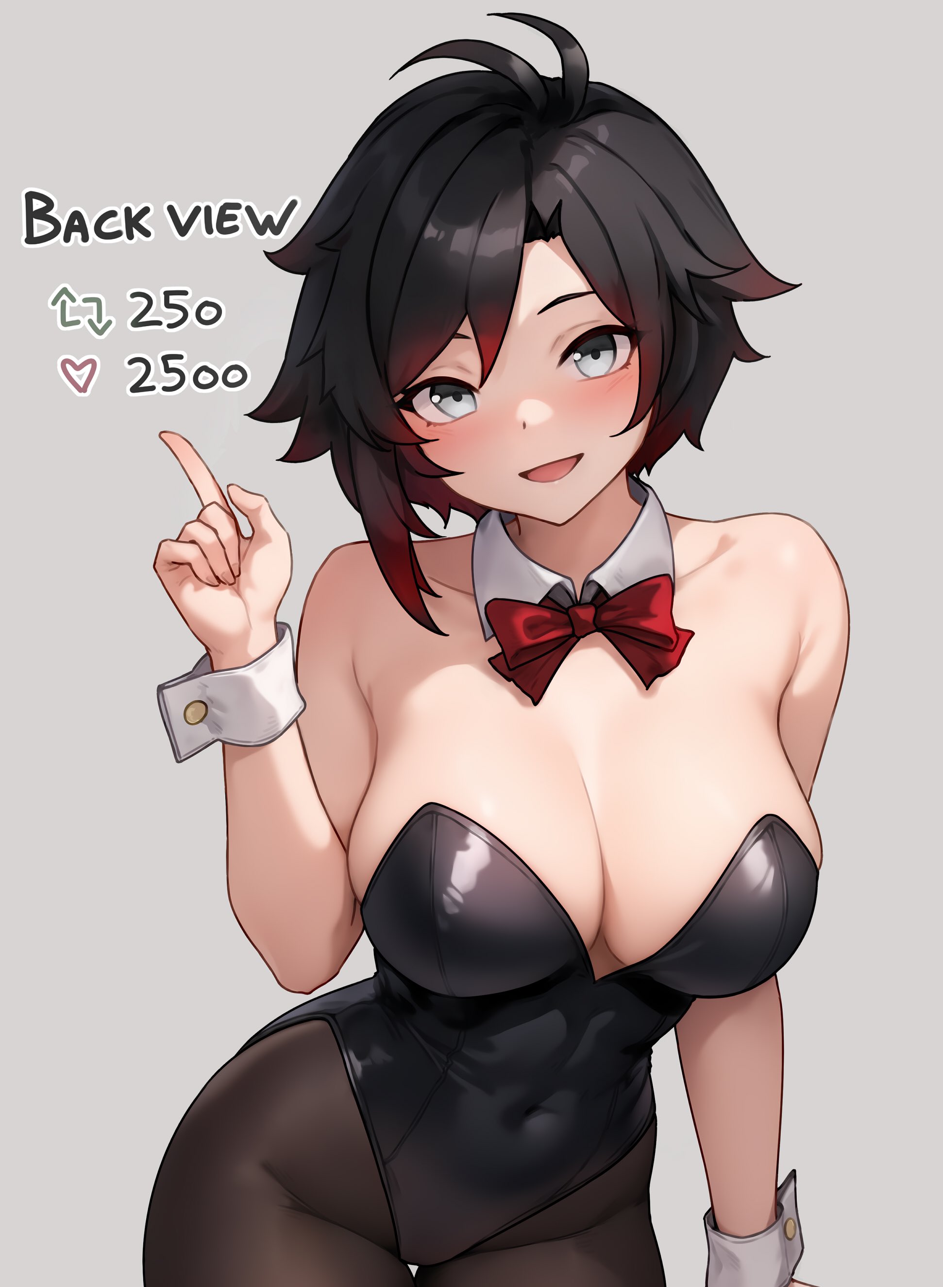 1girls, alternate breast size, bare shoulders, bluefield, breasts, bunnysuit, cleavage, detached collar, female, female only, hi res, highleg leotard, huge breasts, large breasts, leotard, open mouth, pantyhose, red hair, ruby rose, rwby, short hair, silver eyes, smile, two-tone hair