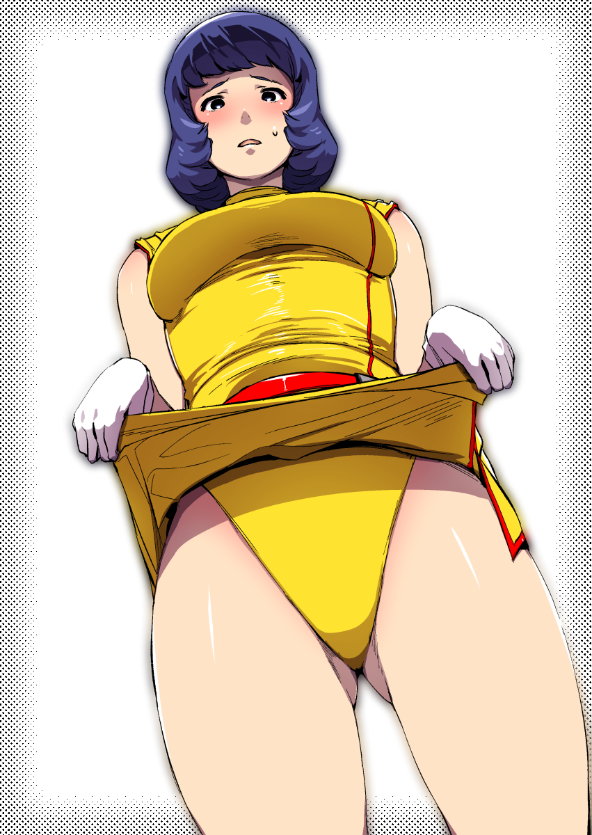 breasts clothed clothing embarrassed fa_yuiry female greco_roman_(spiral_brain) gundam gureko_rouman leotard lifting_skirt low-angle_view panties solo tagme upskirt zeta_gundam