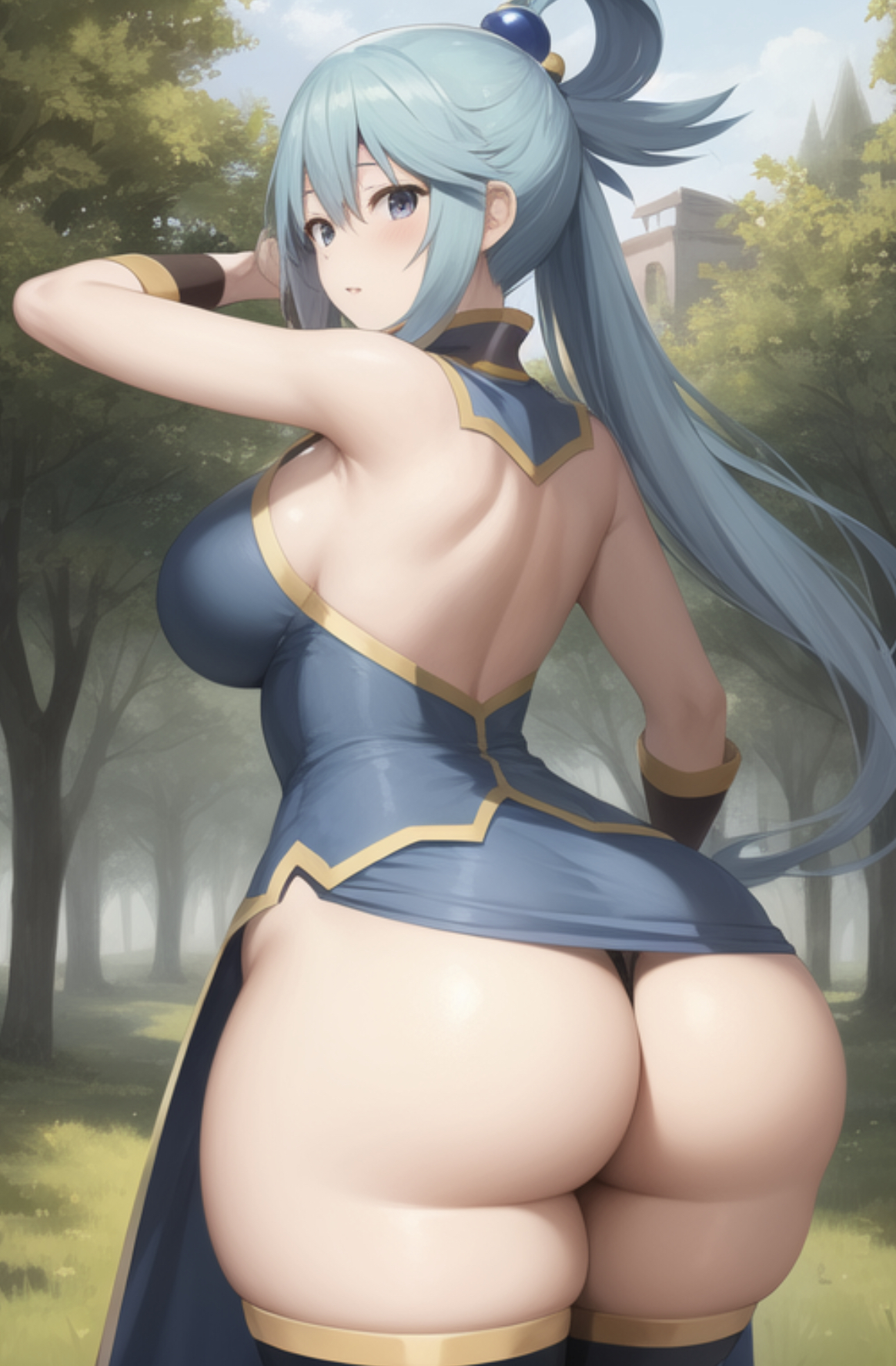 1girls, ai generated, aqua (konosuba), ass, big ass, blue eyes, blue hair, fat ass, female, female only, kono subarashii sekai ni shukufuku wo!, solo, thick thighs