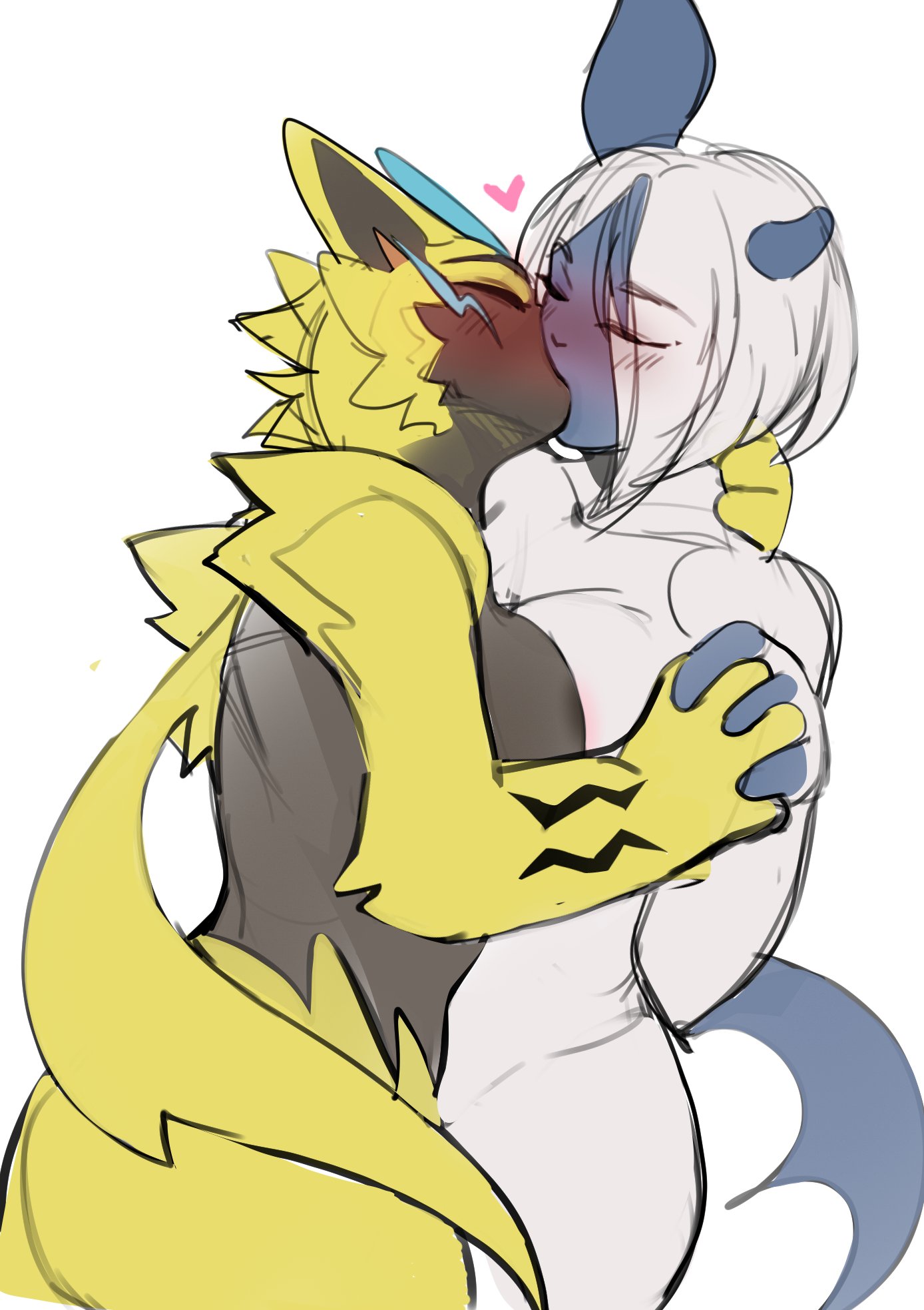 2d, 2d (artwork), 2d artwork, 2girls, absol, big breasts, blush, breasts, eyes closed, female, female only, furry, furry only, game freak, generation 3 pokemon, generation 7 pokemon, heart, iana (rainbow six), ianasol (kambo), janjin192, kambo, kissing, nintendo, pokémon (species), pokemon, pokemon (species), rainbow six, rainbow six siege, sketch, ubisoft, yuri, zeraora