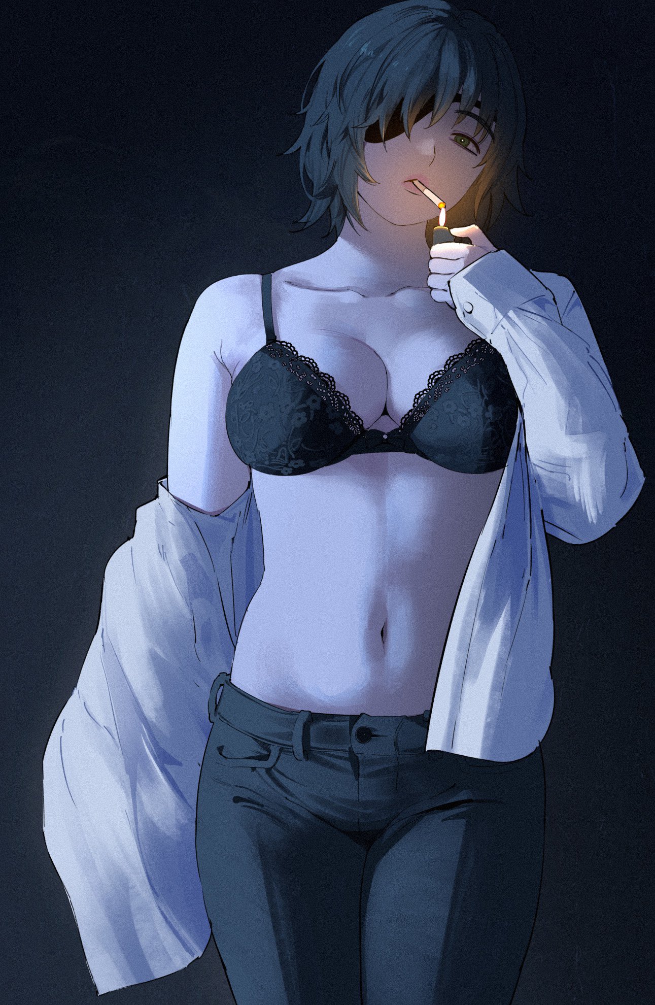 1girls, ass, big ass, big breasts, bra, breasts, chainsaw man, cigarette, cleavage, female, female only, giganticbuddha, himeno (chainsaw man), light skin, light-skinned female, lingerie, mappa, navel, open clothes, open mouth, open shirt, shirt down, thick thighs, voluptuous, wide hips