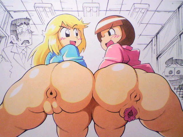 2girls anus ass bent_over blonde_hair brown_hair chubby dokonjo_gaeru fat_mons female female_focus gaping hitoshi_kusano huge_ass maicching_machiko-sensei multiple_girls plump presenting puffy_pussy pussy take_your_pick thick_thighs thighs traditional_media uncensored yellow_hair