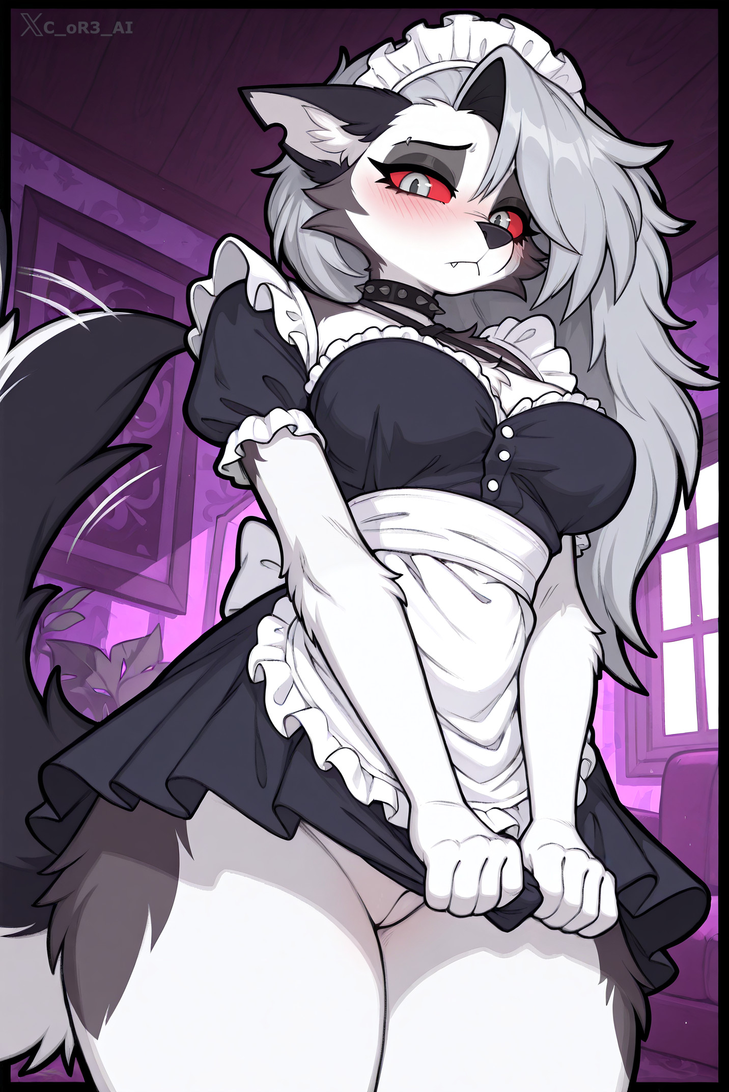 ai generated, anthro, bottomless, canid, canine, canis, clothed, clothing, clothing pull, collar, ears down, fangs, female, fur, genitals, gray eyes, hellaverse, helluva boss, hi res, humanoid, innie pussy, inside, looking at viewer, loona (helluva boss), low-angle view, maid headdress, maid uniform, mammal, no underwear, piercing, pivoted ears, pussy, pussy peek, shy, solo, spiked collar, spikes, tail, tail motion, tailwag, teeth, uniform, white body, white fur, wolf