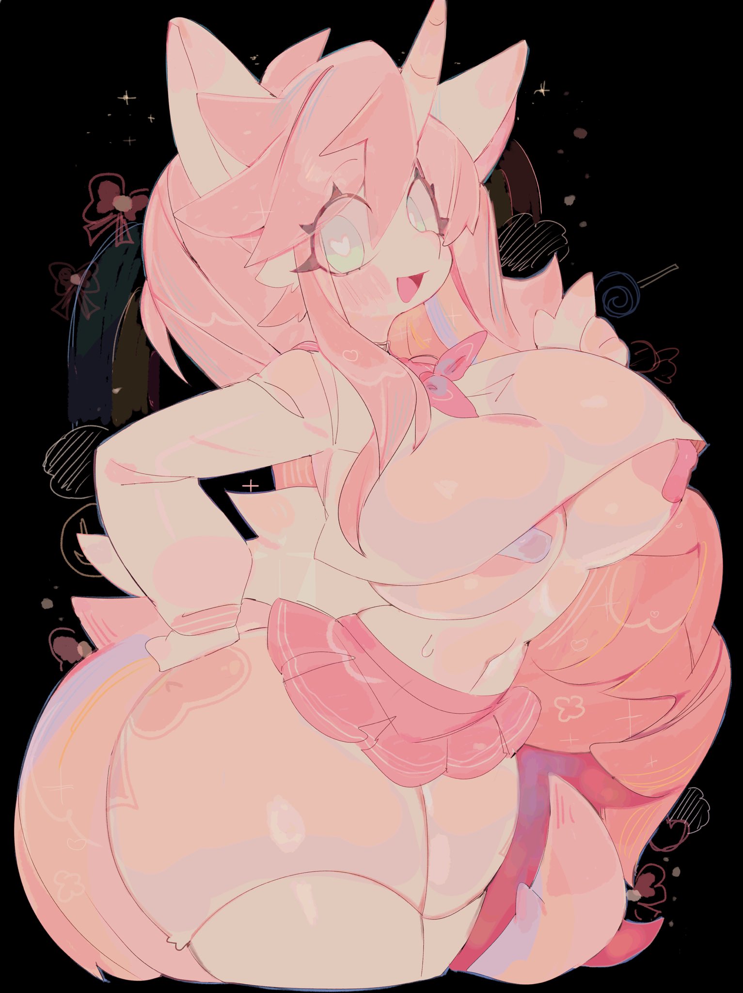 1girl, 1girls, 2026, alicorn, anthro, areolae, bandage, bandaids on nipples, big breasts, black background, blue eyes, bow, breasts, clothed, cutie mark, digital media (artwork), equid, equine, female, female only, hair, hand on hip, heart-shaped pupils, horn, long hair, looking at viewer, mythological creature, mythological equine, mythology, nekonin, partially clothed, partially clothed female, pink hair, ribbon, school uniform, skirt, smile, solo female, sparkles, tail, thick thighs, thighhighs, underboob, usa37107692, voluptuous, voluptuous female, wide hips, wings