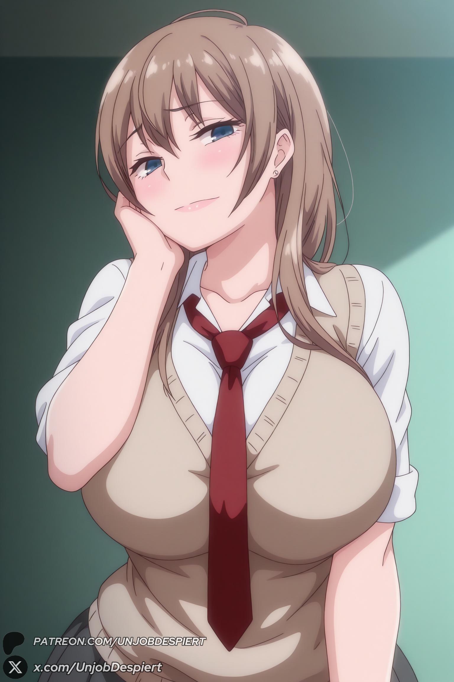 1female, 1girl, 1girls, 2026, ai generated, artist name, big ass, big breasts, blue eyes, blush, breasts, brown hair, chiaki (uchi no otouto maji de dekain dakedo mi ni konai?), curvy, earrings, female, female only, hand on own face, hi res, high quality, high resolution, highres, huge ass, huge breasts, jewelry, large breasts, long hair, looking at viewer, necktie, patreon, patreon username, red necktie, school uniform, smile, solo, sweater vest, uchi no ot, uchi no otouto maji de dekain dakedo mi ni konai?, unjobdespiert, watermark, web address