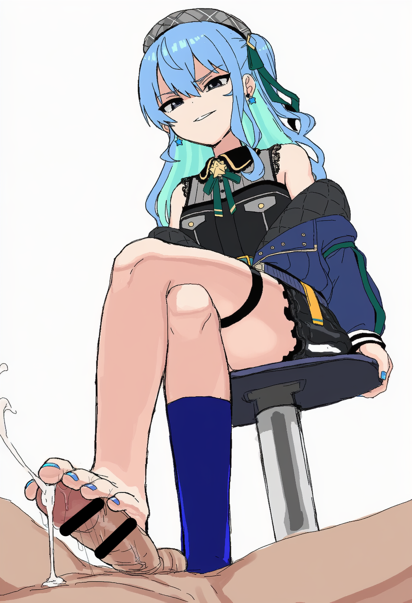 1boy, 1girls, bar censor, barefoot, beret, blue hair, censor bar, censored, clothing, cum, cumshot, female, footjob, from below, hat, hololive, hololive gen 0, hololive japan, hoshimachi suisei, jacket, light skin, light-skinned female, light-skinned male, long hair, male, orgasm, penis, shaded face, shirt, sitting, skirt, user gtja2222, viewed from below, virtual youtuber