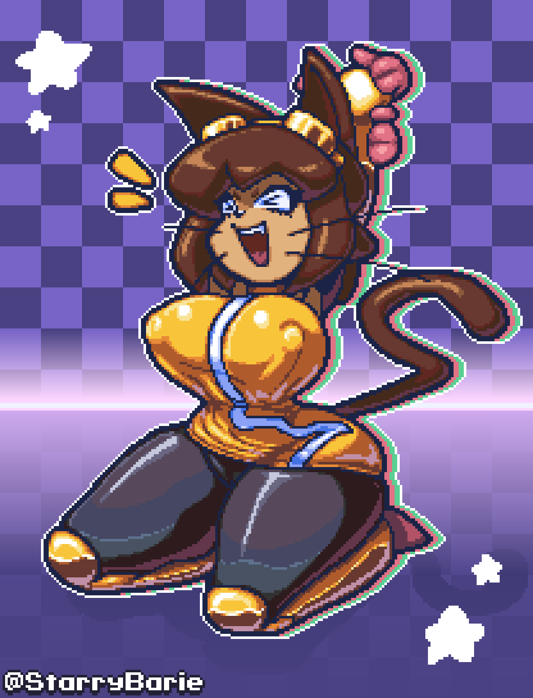 ass, big breasts, boots, breasts, brown hair, cat ears, cat tail, cleavage, cute, female, female only, gameoverse, glitch productions, gloves, goggles, huge breasts, kit (gameoverse), kit bodega, large breasts, navel, pixel art, short hair, slim waist, solo, starrybarie, sweat, tagme, tan body, thick thighs, voluptuous, wide hips