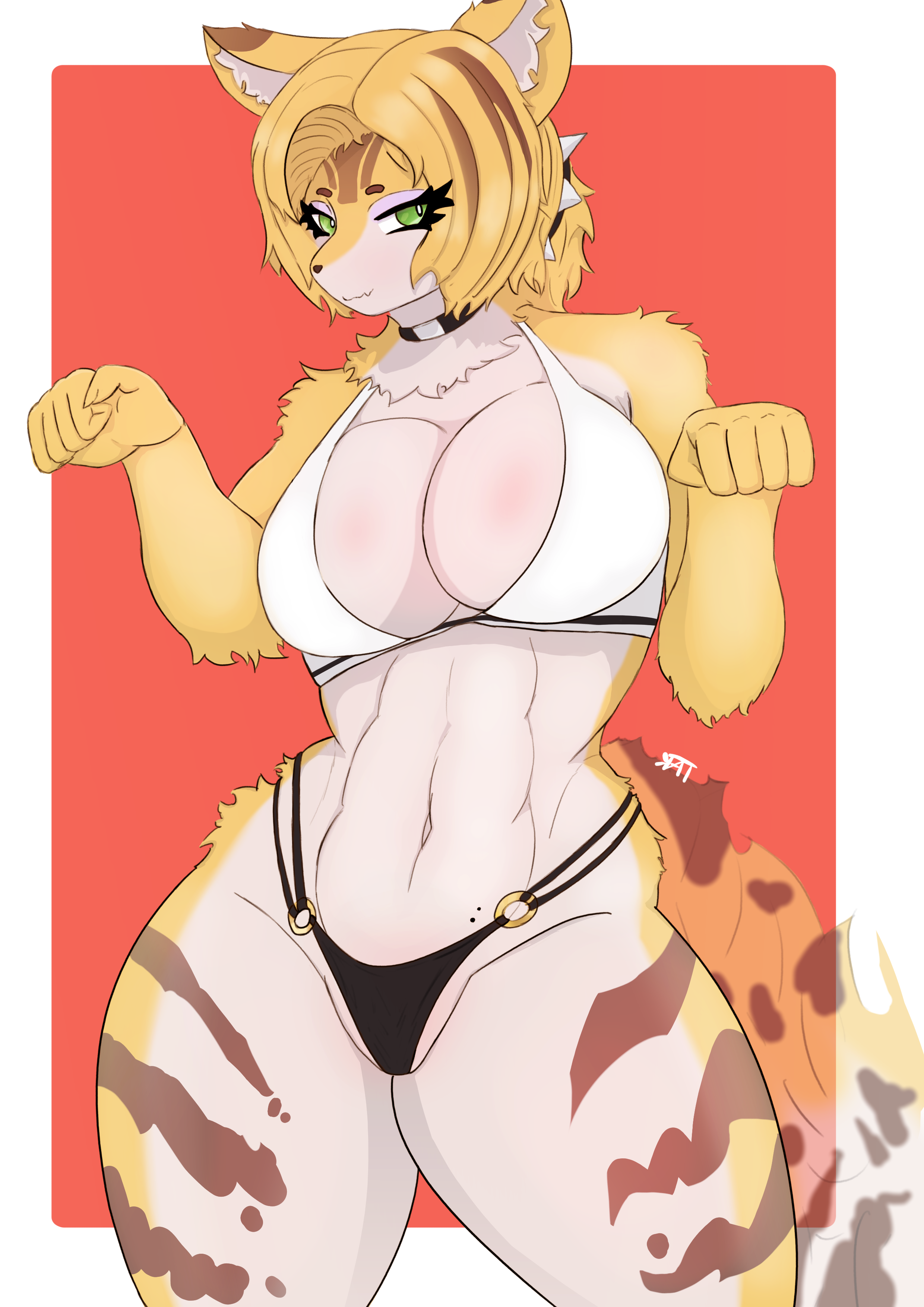 1girls, animal ears, anthro, big breasts, bikini, bikini bottom, breasts, cat ears, cat girl, cat humanoid, cat tail, cleavage, curvaceous, curvaceous body, curvaceous female, curvy, curvy hips, exposed midriff, felid, felid humanoid, feline, feline humanoid, female, female only, fur, furry, furry female, furry only, glistening, glistening body, glistening breasts, glistening eyes, green eyes, katriot, kemono, markings, midriff, orange fur, ponytail, posing, pulchra (zenless zone zero), pulchra fellini, swimwear, tail, tail markings, tail tuft, thick thighs, thighhighs, white fur, yellow body, yellow fur, yellow hair, zenless zone zero
