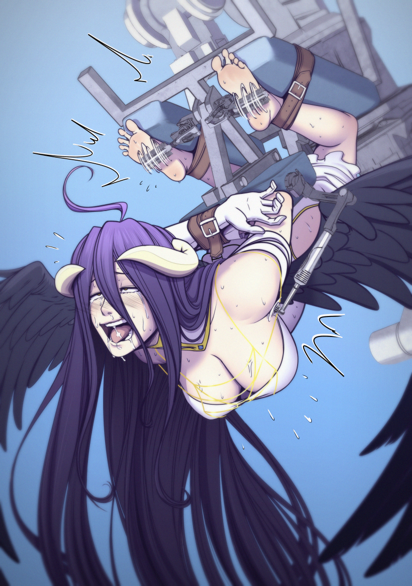 1girl, albedo (overlord), black hair, demon, demon girl, feet, female, female only, kidetic, kusujinn, long hair, overlord (maruyama), soles, solo, tickle torture, tickling, tickling feet, tickling fetish, wings
