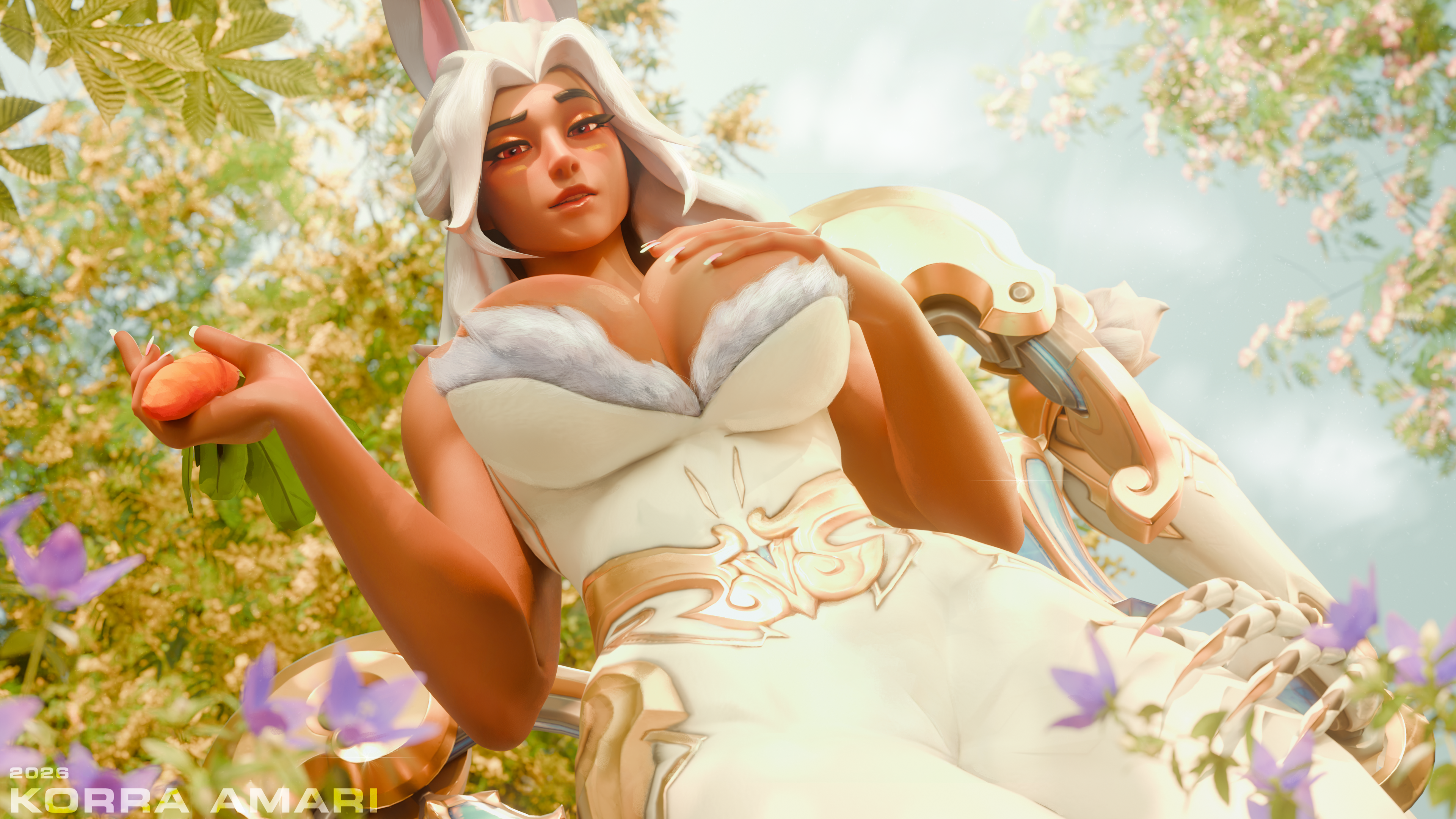 1girl, 3d, 3d (artwork), 3d render, big breasts, blender, breast grab, bunny business domina, bunny ears, bunnysuit, carrot, dark skin, dark-skinned female, domina, flowers, korra amari, mechanical arm, overwatch, overwatch 2, sfw, spring, white dress