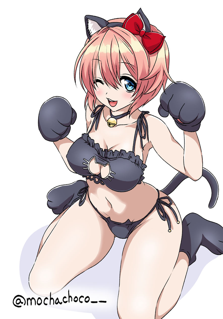 1female, 1girl, big ass, big breasts, blue eyes, cat ears, cat tail, catgirl, catgirl costume, coral pink hair, doki doki literature club, hi res, high resolution, just sayori, mochachoco, red bow, sayori (doki doki literature club), simple background, thick ass, thick thighs, white background, wide hips, wide thighs