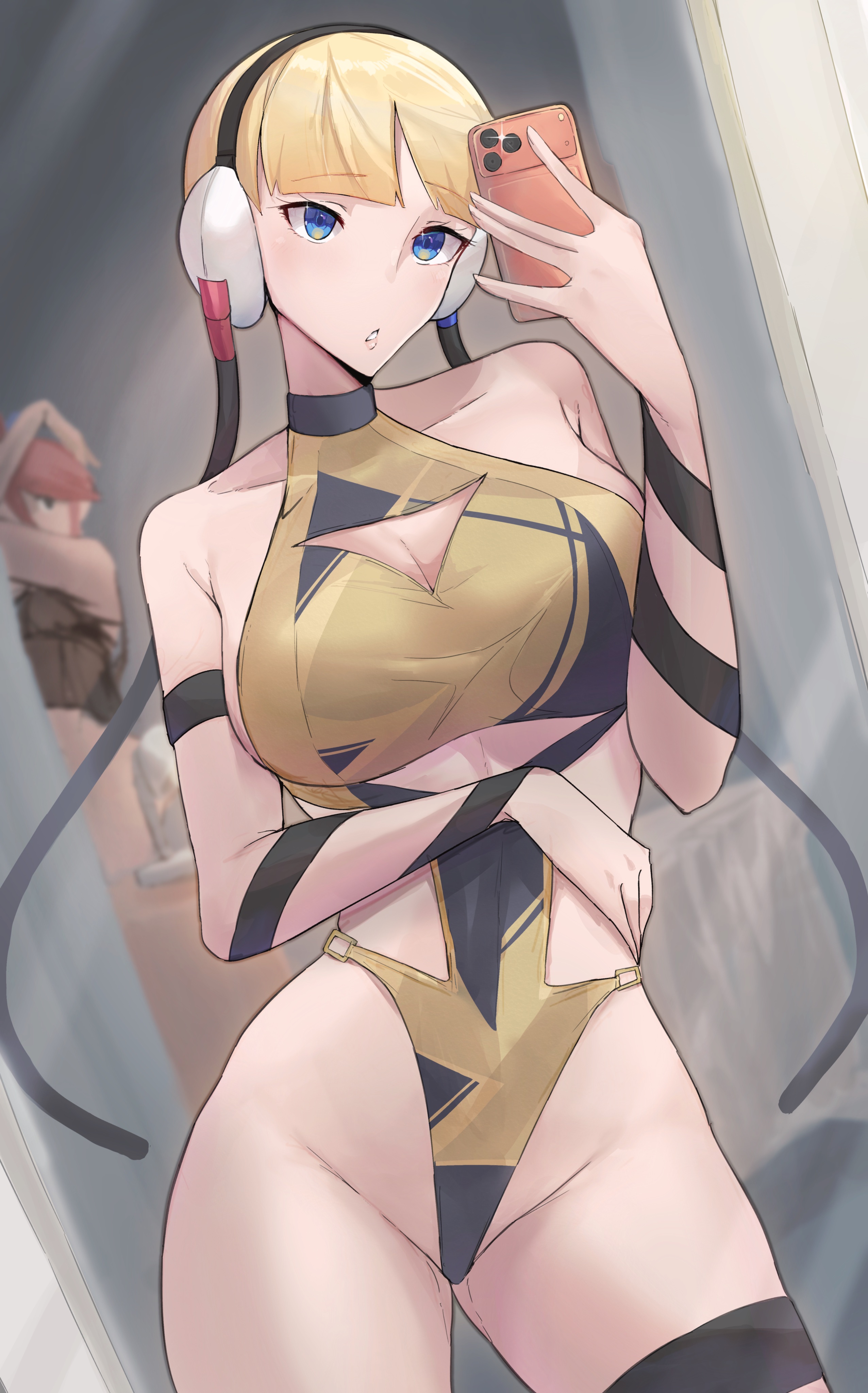 2girls, alternate costume, bare shoulders, blonde hair, blue eyes, blunt bangs, breasts, calmgreentori, cellphone, cleavage, cleavage cutout, clothing cutout, electric type theme (pokemon), elesa (pokemon), female, female only, game freak, headphones, higher resolution duplicate, highleg, highleg leotard, large breasts, leotard, mirror, mirror selfie, multiple girls, nintendo, one side up, phone, pokemon, pokemon black and white, pokemon bw, red hair, selfie, short hair with long locks, side cutout, skyla (pokemon), smartphone, solo focus, thigh strap