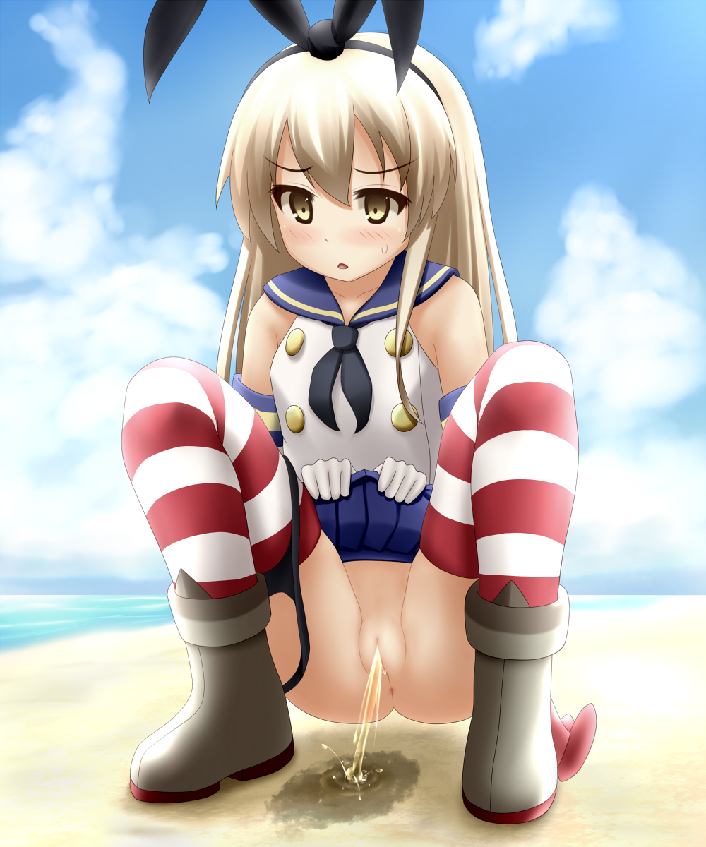 1girls beach blonde_hair blush cloud female kantai_collection kazumi_(syoki4230) long_hair ocean outdoors peeing pussy school_uniform serafuku shimakaze_(kantai_collection) sky solo squatting tagme uncensored water yellow_eyes young