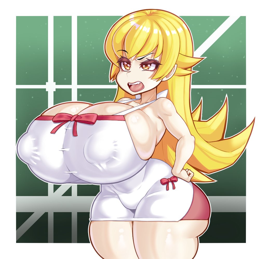 1girls, alternate breast size, ass, big ass, big breasts, blonde female, blonde hair, breasts, duke wintermaul, fangs, female, female only, hand on hip, huge ass, huge breasts, monogatari (series), oshino shinobu, shiny skin, shortstack, slim waist, thick thighs, thighs, vampire, wide hips, yellow eyes, young savage