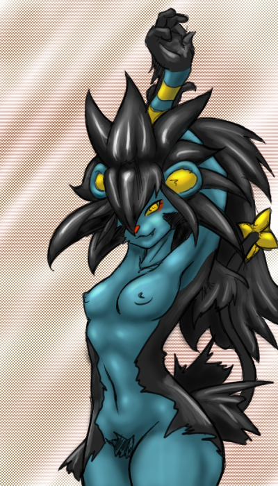 animal_ear anthrofied black_hair breasts female female_only furry long_hair luxray nintendo nipples non-human_areolae pokemon pokemon_(species) pokemon_dppt pubic_hair solo straight_hair tail yellow_eyes