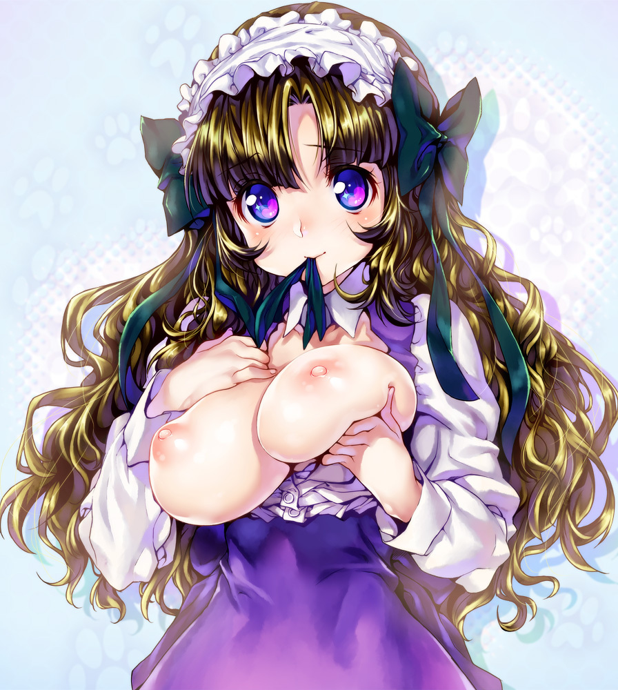 1girls anyamal_tantei_kirumin_zoo breast_lift breasts dress female headdress human kink_(tortoiseshell) large_breasts looking_at_viewer mikogami_nagisa mouth_hold nipples open_clothes puffy_nipples ribbon ribbon_in_mouth solo wavy_hair