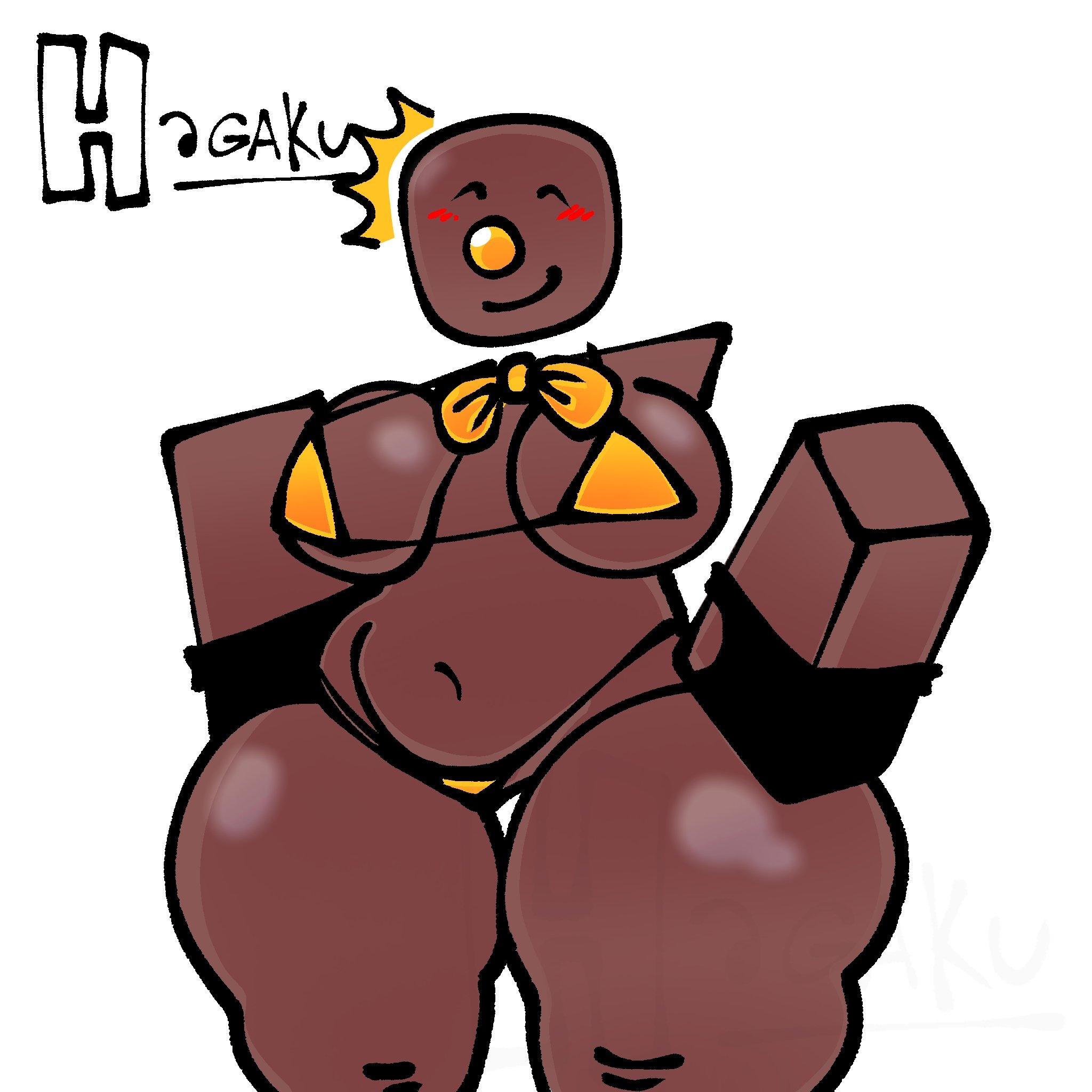 1girls, 2d, artist name, bald, bald female, banana peel (die of death), bikini, blocky body, blush, bowtie, breasts, civilian (die of death), closed eyes, clown nose, die of death (roblox), fingerless gloves, gloves, hogaku, roblox, roblox game, robloxian, small breasts, smile, stomach, tagme, thick thighs, thighs