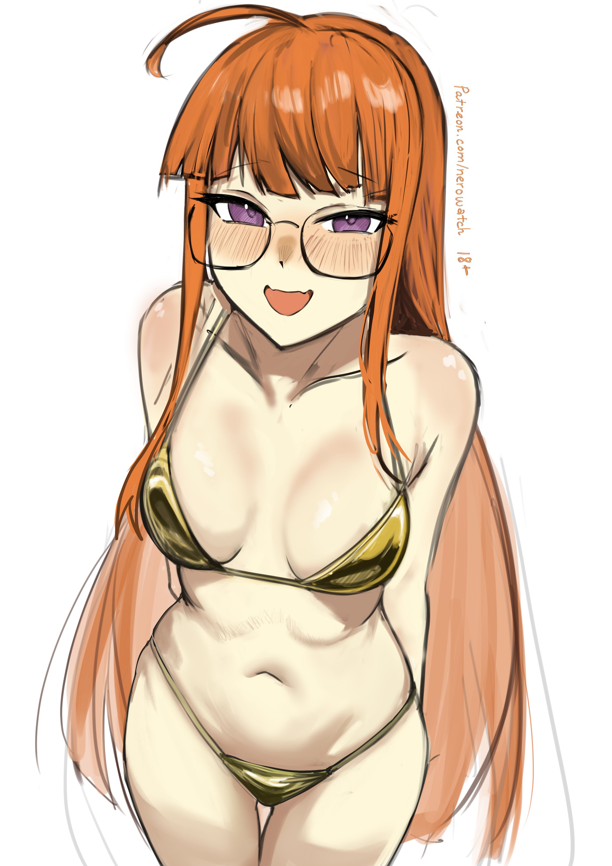 :d, arms behind back, blush, embarrassed, female, female only, full-face blush, gold bikini, golden bikini, looking at viewer, nero watch, open mouth, persona, persona 5, petite, sakura futaba, small breasts, smile