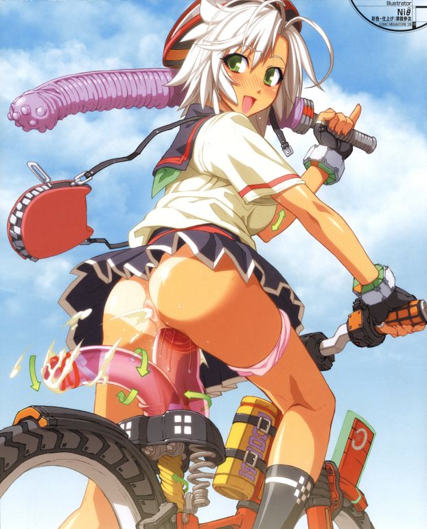 anal, anus, ass, bicycle, casual, clothing, dildo, dildo bike, female, footwear, green eyes, hair, handwear, human, humor, nitroplus, pale skin, penetration, pussy, schoolgirl, short hair, silver hair, skirt, tanned skin, vaginal, weapon, what, white hair