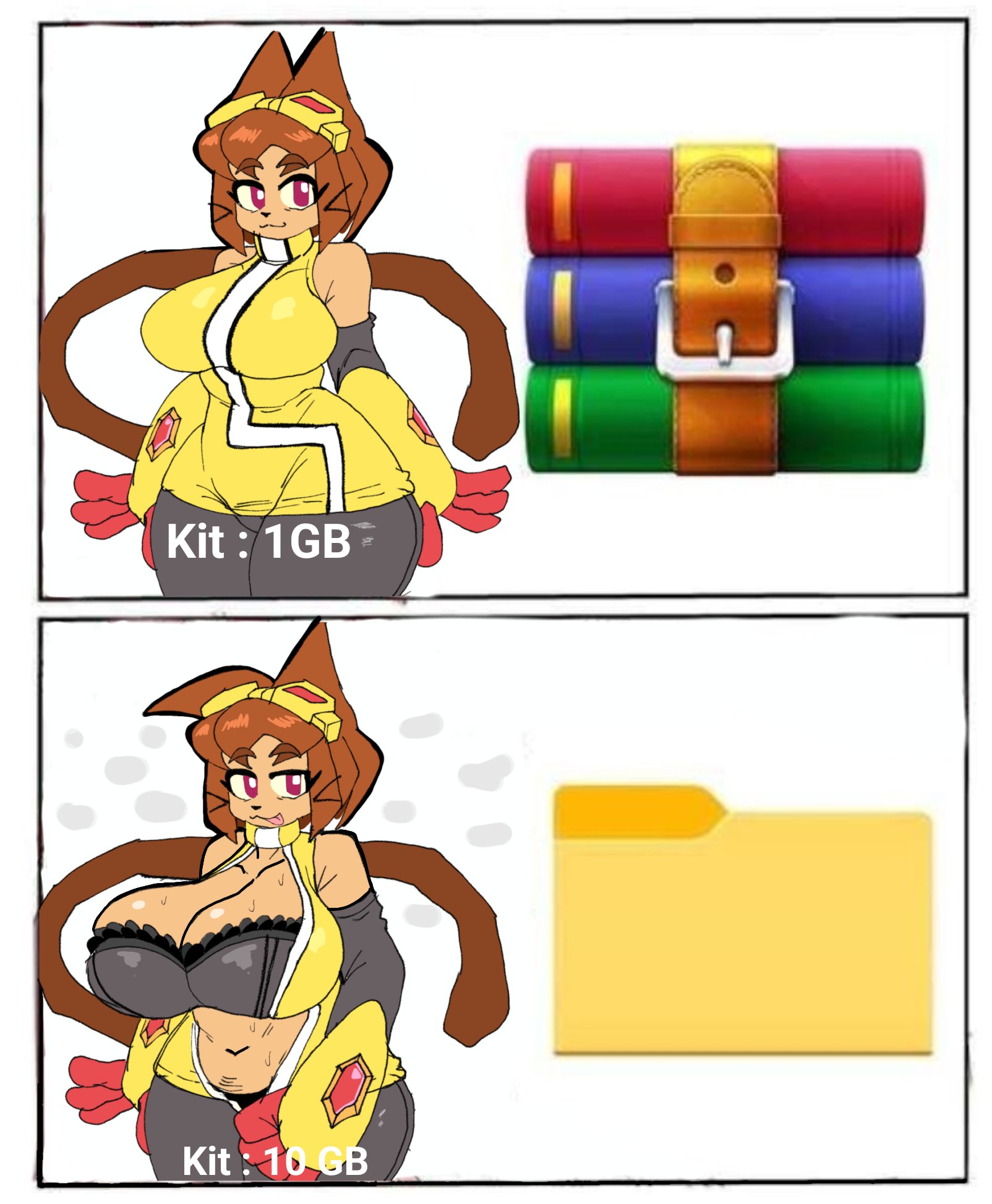 ass, big breasts, boots, breast expansion, breasts, brown hair, cat ears, cat tail, cleavage, decompressed file meme, female, female only, gameoverse, glitch productions, gloves, goggles, huge breasts, kit (gameoverse), kit bodega, large breasts, miaval tec, navel, short hair, slim waist, solo, sweat, tagme, tan body, thick thighs, voluptuous, wide hips