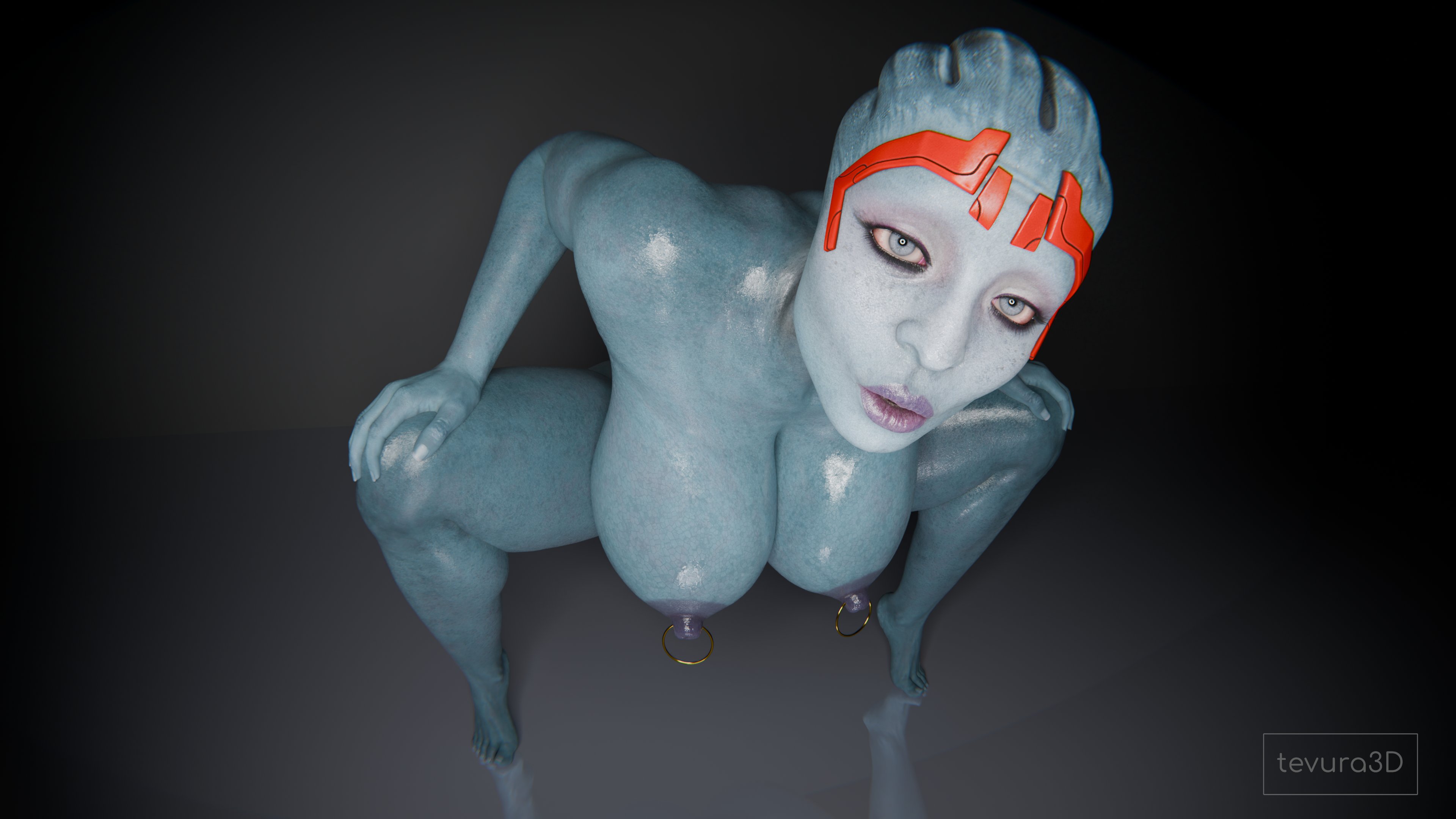 , 1girls, 3d, alien, asari, big breasts, bioware, blue skin, breasts, female, female only, mass effect, nipple piercing, nipples, samara, solo, tevura3d