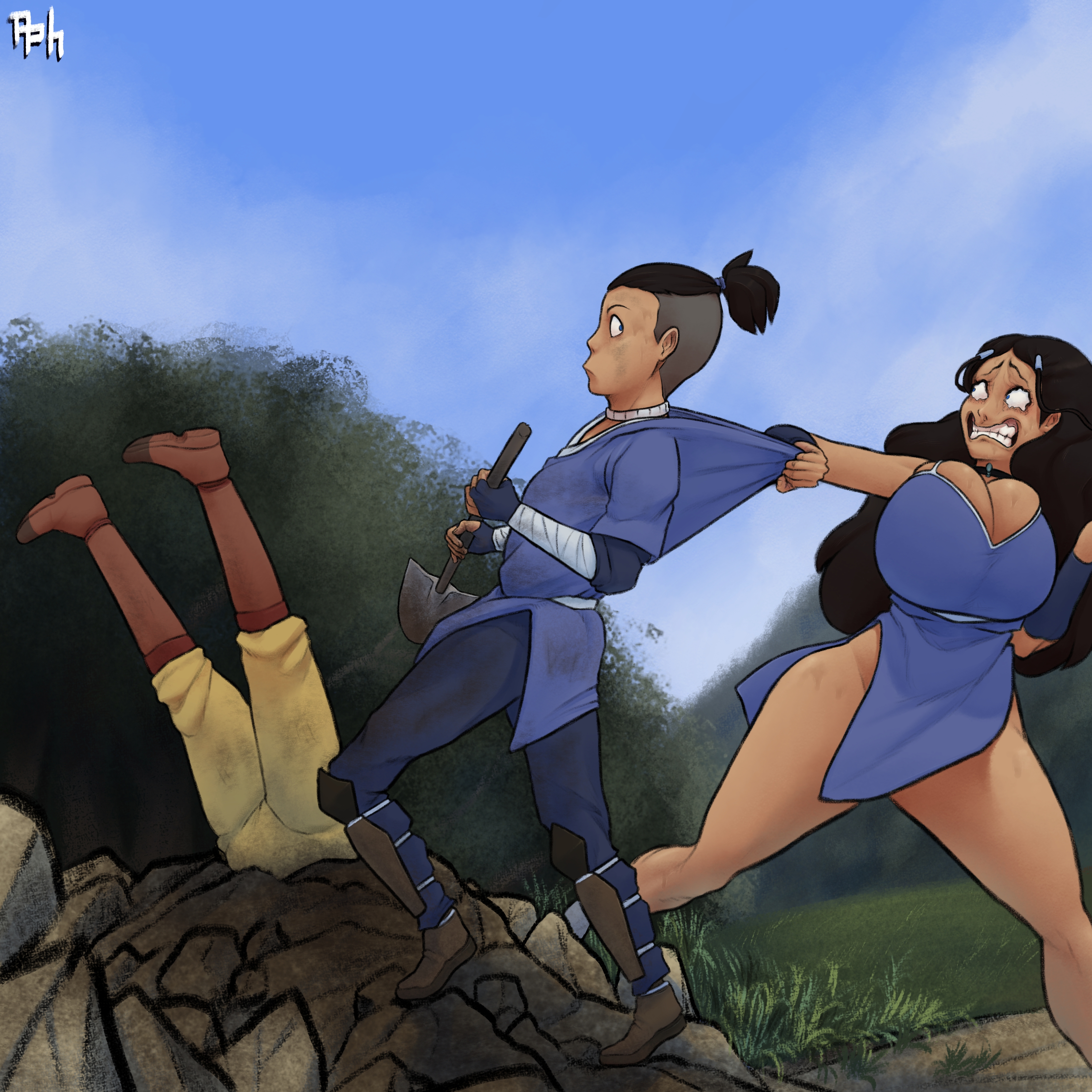 ?, 1girls, 2boys, aang, air nomad, aphrodos, artist logo, artist signature, avatar legends, avatar the last airbender, blue eyes, breasts, brother and sister, busty, choker, cleavage, clenched teeth, defeated, female, hair loopies, huge breasts, imminent incest, imminent sex, katara, large breasts, male, necklace, nonbender, outdoors, running, running away, shovel, sokka, the avatar, tied hair, water tribe