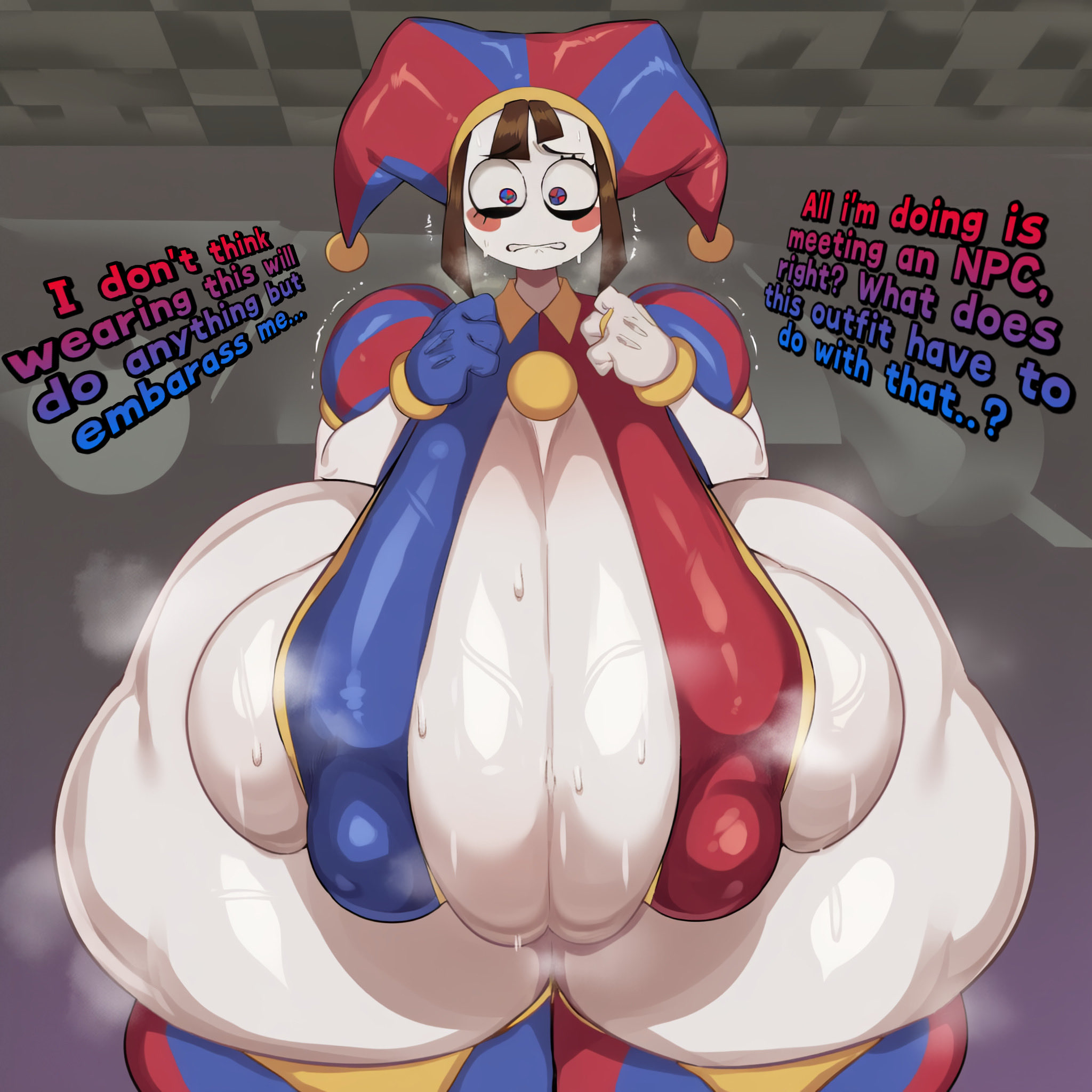 ai generated, big, big breasts, everyirisviel, hyper breasts, hyper thighs, nipple bulge, nipples, nipples visible through clothing, pomni (the amazing digital circus), the amazing digital circus, thick thighs