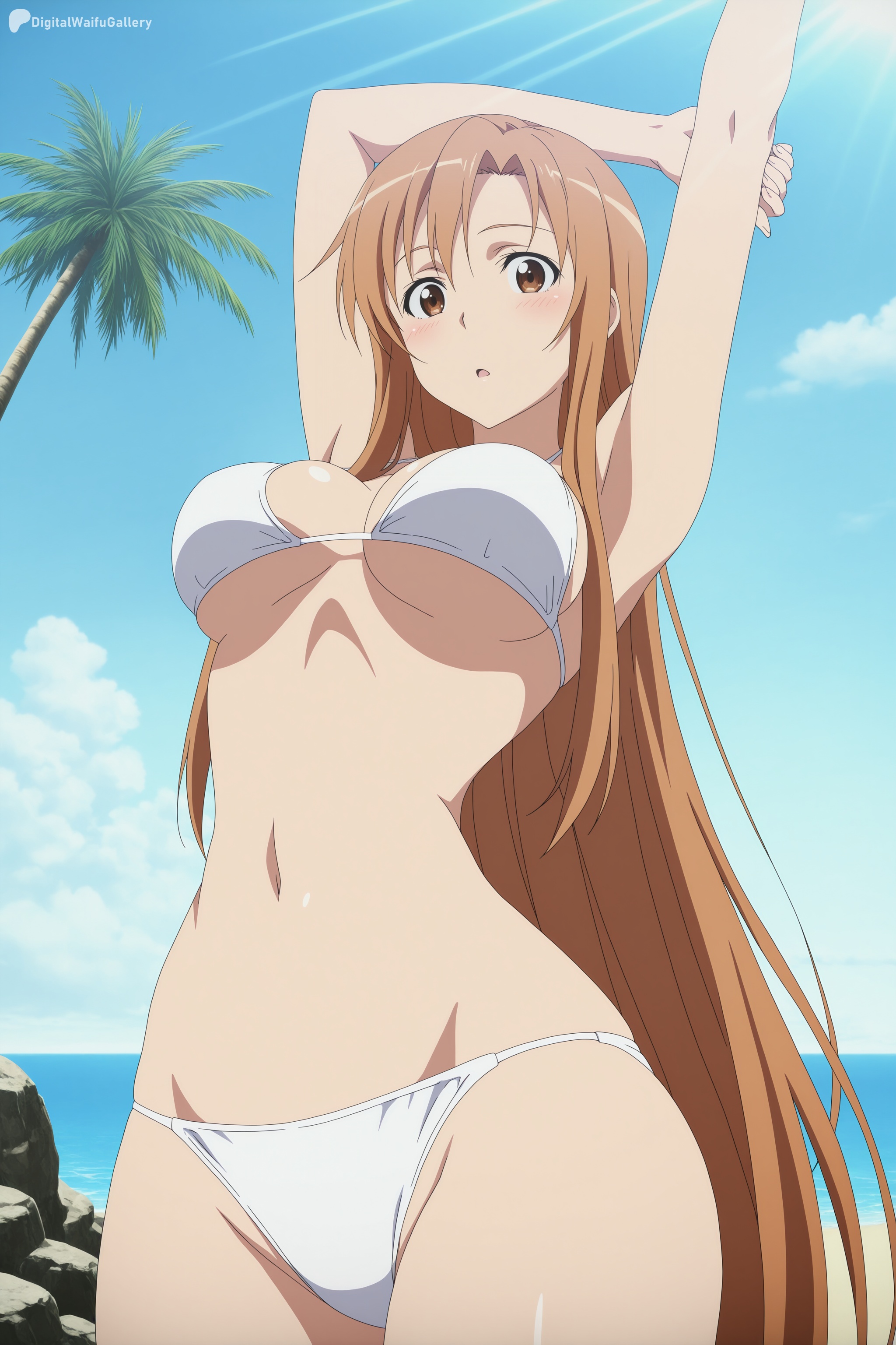 :o, 1girl, ai generated, armpits, arms up, beach, bikini, blue sky, blush, breasts, brown eyes, brown hair, cloud, cowboy shot, day, digitalwaifugallery, female, female only, groin, hi res, high quality, high resolution, large breasts, long hair, looking at viewer, navel, ocean, open mouth, outdoors, palm tree, patreon, seductive, sexy, sky, solo, standing, stretching, swimsuit, sword art online, tree, uncensored, underboob, very long hair, watermark, white bikini, yuuki asuna