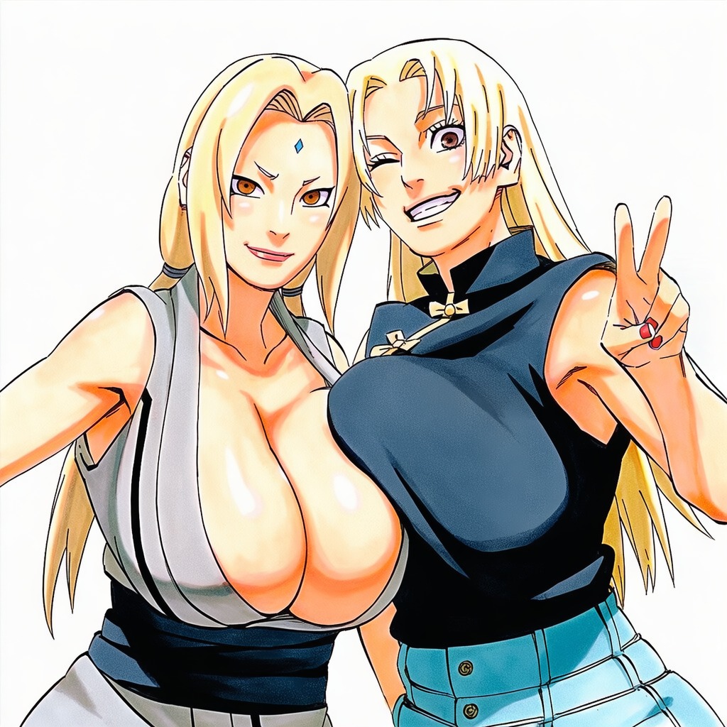 2d 2girls accurate_art_style accurate_body_type ai_generated areola areolae arm_at_side asymmetrical_docking bare_shoulders between_breasts blonde_hair breasts breasts_bigger_than_head breasts_out brown_eyes busty cel_shading chain_necklace cleavage clothing collarbone crossover curvaceous duo duo_focus exposed_breasts eyelashes facial_mark female female_focus female_only forehead_jewel forehead_mark from_below full_color haori high_resolution highres huge_breasts japanese_clothes jewelry jujutsu_kaisen kimono large_areolae large_breasts light-skinned_female light_skin lineart lipstick long_hair looking_at_viewer looking_down looking_down_at_viewer low-angle_view low_twintails masashi_kishimoto_style mature_female multiple_girls naruto naruto_(series) naruto_shippuden necklace necklace_between_breasts nipples no_bra official_style open_clothes open_kimono open_mouth open_shirt pants parted_lips robe sash shiny shiny_hair shiny_skin short_eyebrows simple_background sleeveless smooth_skin soft_shading standing symmetrical_docking take_your_pick tanktop thin_eyebrows traditional_clothes tsunade twintails upper_body viewed_from_below visible_nipples voluptuous voluptuous_female wafuku wavy_hair white_background yuki_tsukumo