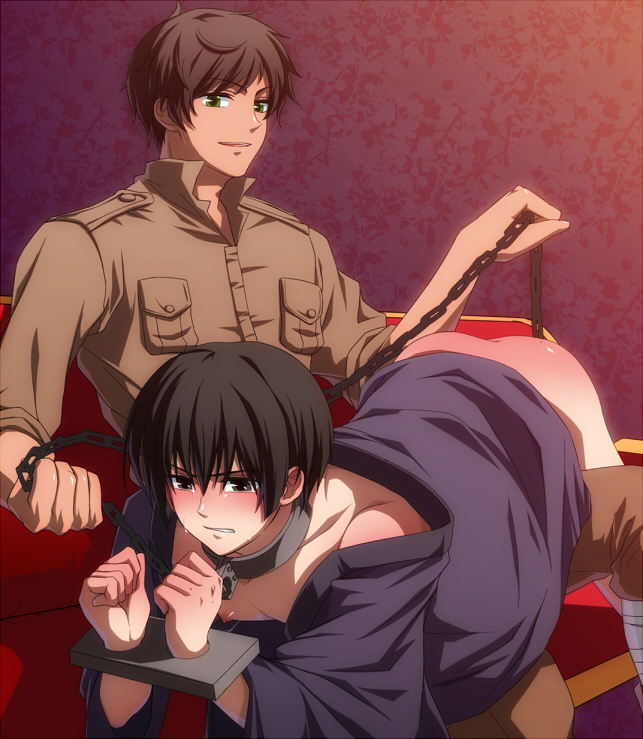 2boys antonio_fernandez_carriedo axis_powers_hetalia bed blush bondage chains collar honda_kiku japan_(hetalia) kimono multiple_boys penis shimesaba_(artist) spain_(hetalia) stocks tears yaoi