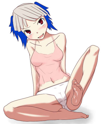 albino bare_shoulders barefoot cameltoe cum cum_on_body cum_on_feet cum_on_lower_body feet lowres panties red_eyes short_hair sitting sole soles underwear white_hair white_panties