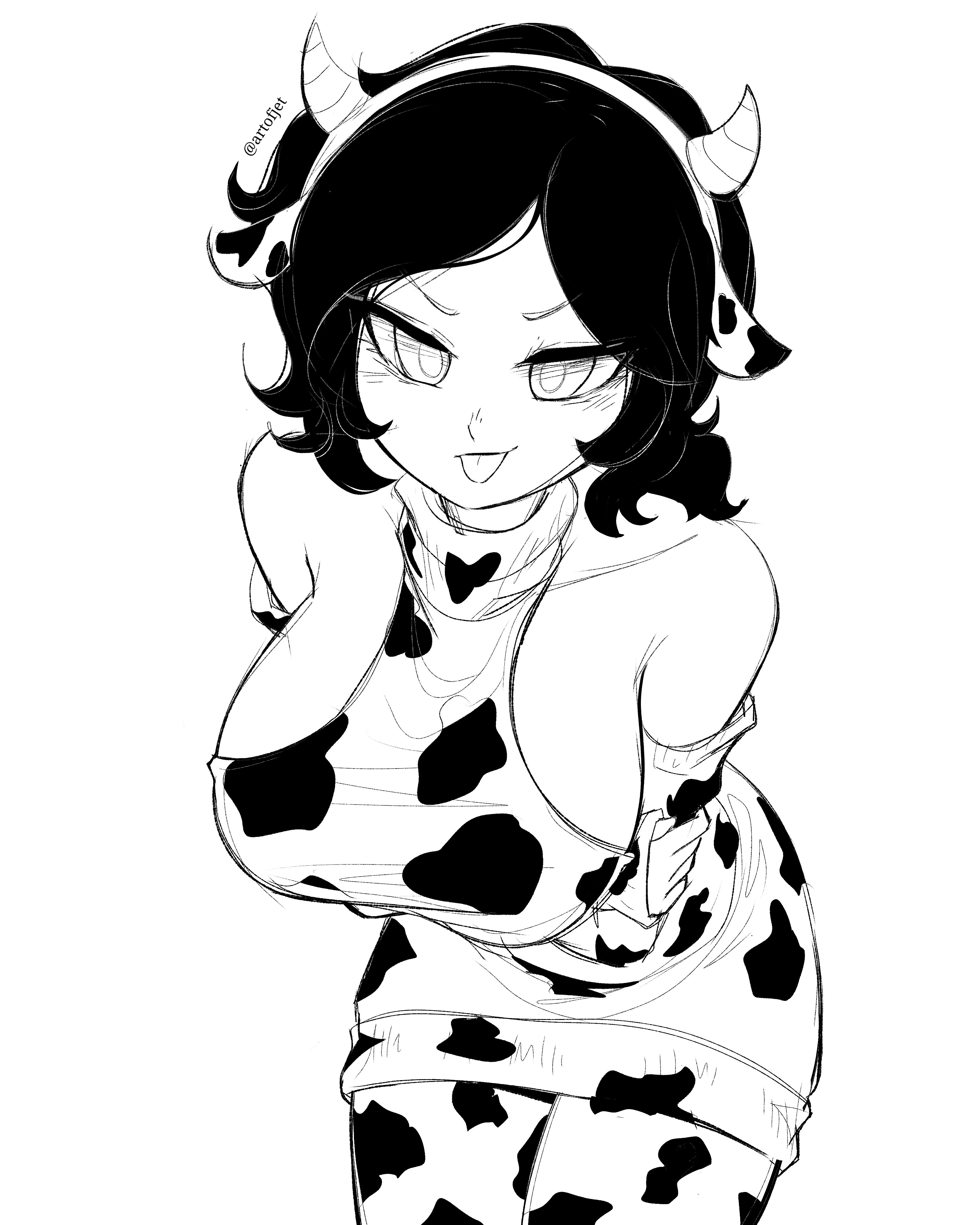 1girls, 2d, artofjet (artist), ashley graves, big breasts, black hair, breasts, clothed, cow ears, cow girl, cow horns, cow print, female, female only, horns, looking at viewer, pantyhose, solo, solo female, the coffin of andy and leyley, tongue, tongue out