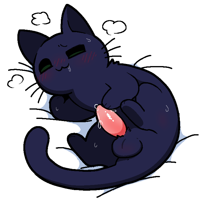 2026 aroused_face balls bedding bedding_background black_body black_fur blush bodily_fluids cat_smile cat_tail cel_shading digital_drawing_(artwork) digital_media_(artwork) domestic_cat erection felid feline felis feral front_view fur genital_fluids genitals glistening glistening_genitalia glistening_penis green_eyes half-closed_eyes hand_on_penis male male_feral mammal monotone_body monotone_fur narrowed_eyes paws penis pictographics plumflavor precum quadruped saliva shaded simple_background solo steam sweat tapering_penis whiskers white_background