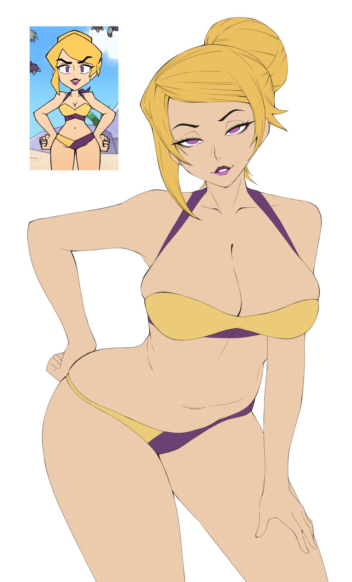 1girls, big breasts, bikini, blonde hair, bra, female, female only, flat colors, gameoverse, glitch productions, gorgenzolla, hi res, lips, lipstick, looking at viewer, miss information (gameoverse), naughty face, parted lips, purple eyes, reference image, simple background, smile, solo, sultry eyes, teeth, tied hair, white background