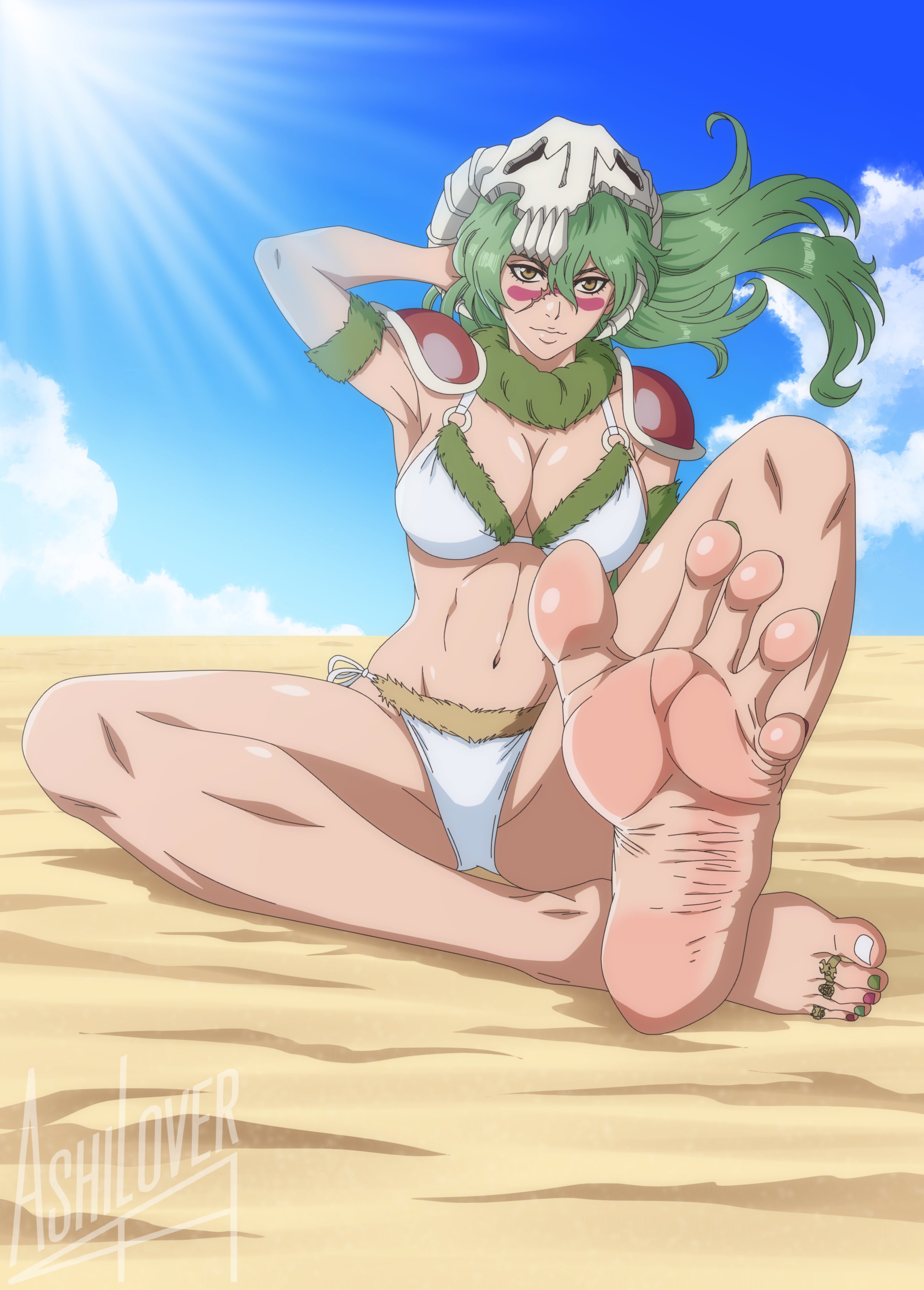 1girl, arms behind head, ashilover44, bare soles, barefeet, barefoot, beach, bikini, bleach, bleach: sennen kessen-hen, bleach: the thousand-year blood war, bright lighting, broken mask, cleavage, clouds, curvaceous, detailed feet, feet, feet fetish, female, foot fetish, foot focus, fur trim, gold eyes, golden eyes, green fur, green hair, hair behind back, hollow markings, hollow mask, large breasts, leaning back, legs spread, long hair, mature female, midriff, multicolored nails, nelliel tu odelschwanck, outdoors, pink cheeks, presenting, presenting feet, red soles, sand, shoulder pads, sitting, sky, sole female, soles, soles female, soles fetish, solo, sun rays, sunny day, toenails, toes, white bikini, wide hips, wrinkled soles
