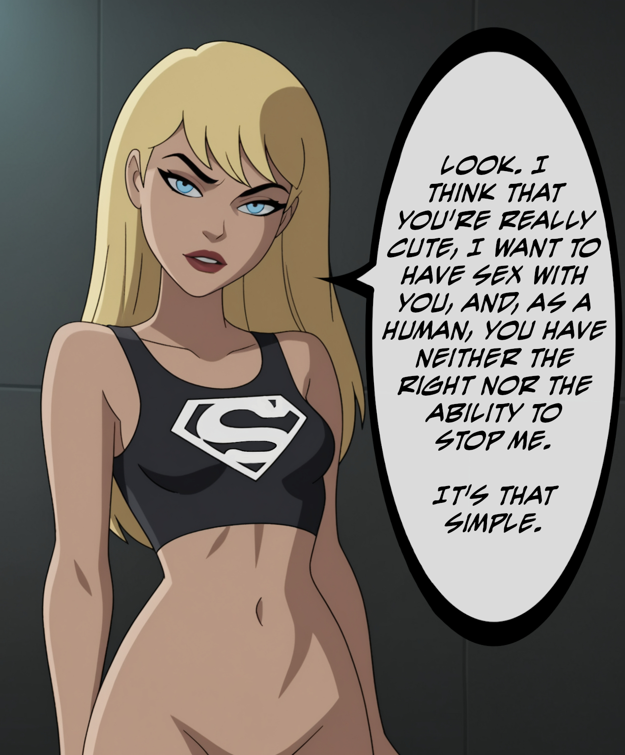 accurate art style, ai generated, caption, dark supergirl, death by snoo snoo, femdom, implied rape, implied sex, justice league unlimited, reverse rape, super strength, supergirl, supergirl (dark), supergirl (dcau), superman (series)
