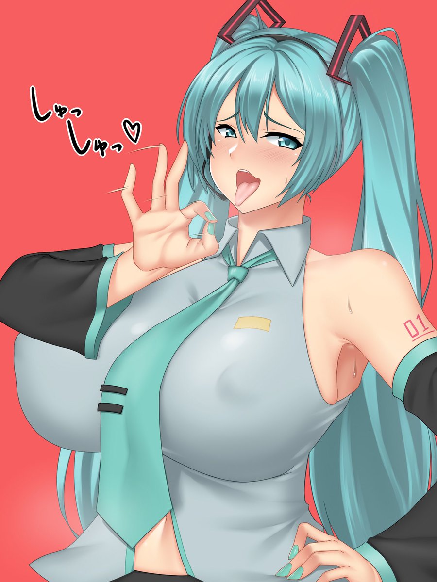 blowjob face, blowjob gesture, blush, clothed, clothed female, faiya9, female, female only, hatsune miku, horny, horny face, horny female, huge breasts, nipple bulge, open mouth, slutty female, sweaty armpits, tongue out