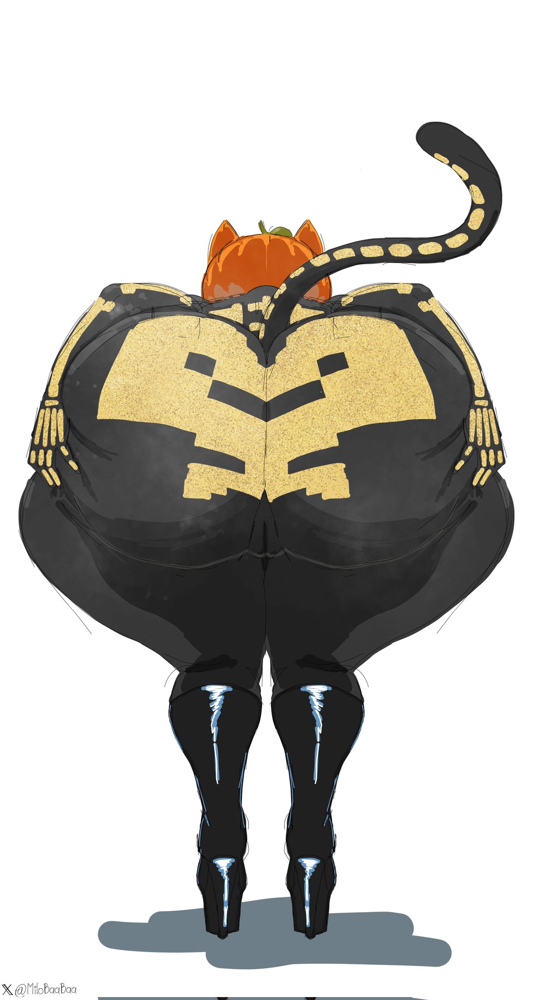 1girls, ass, ass focus, big ass, cat ears, cat tail, fortnite, milobaabaa, pumpkin head, skeleton costume, spice (fortnite)