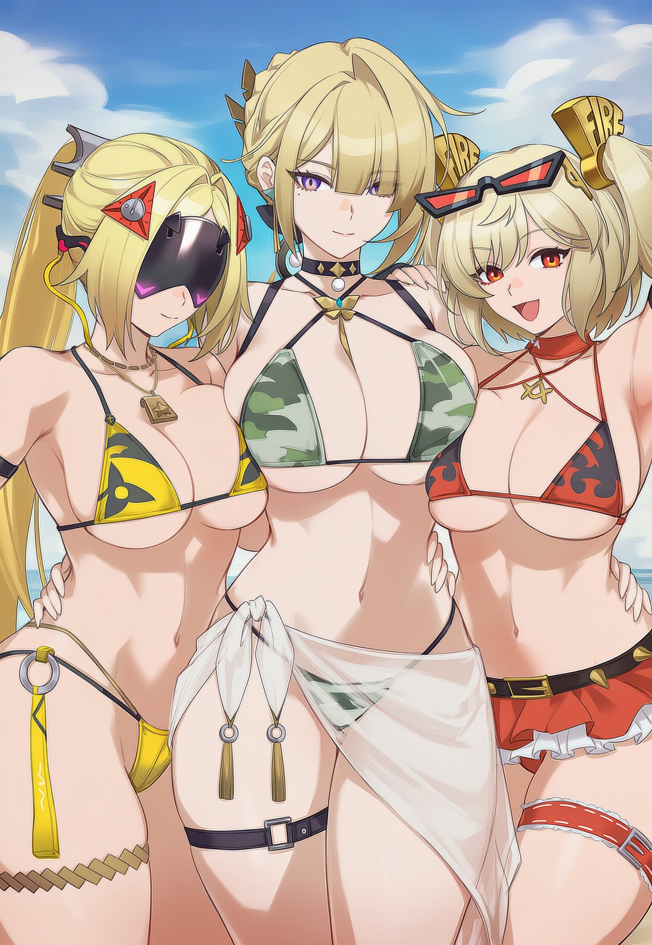 2d, 2d (artwork), 3girls, ai, ai art, ai generated, alternate costume, beach, beach background, big breasts, bikini, bikini bottom, bikini top, blonde hair, bra, burnice white, cleavage, clouds, day, evelyn chevalier, female, female only, front view, hair over one eye, high resolution, highres, light skin, light-skinned female, looking at viewer, mature, mature female, miniskirt, mole, mole under eye, outdoors, ponytail, red eyes, sexy, short hair, sky, smiling, smiling at viewer, standing, summer, swimsuit, thong, thong bikini, trigger (zenless zone zero), two piece swimsuit, voluptuous, voluptuous female, young, zenless zone zero
