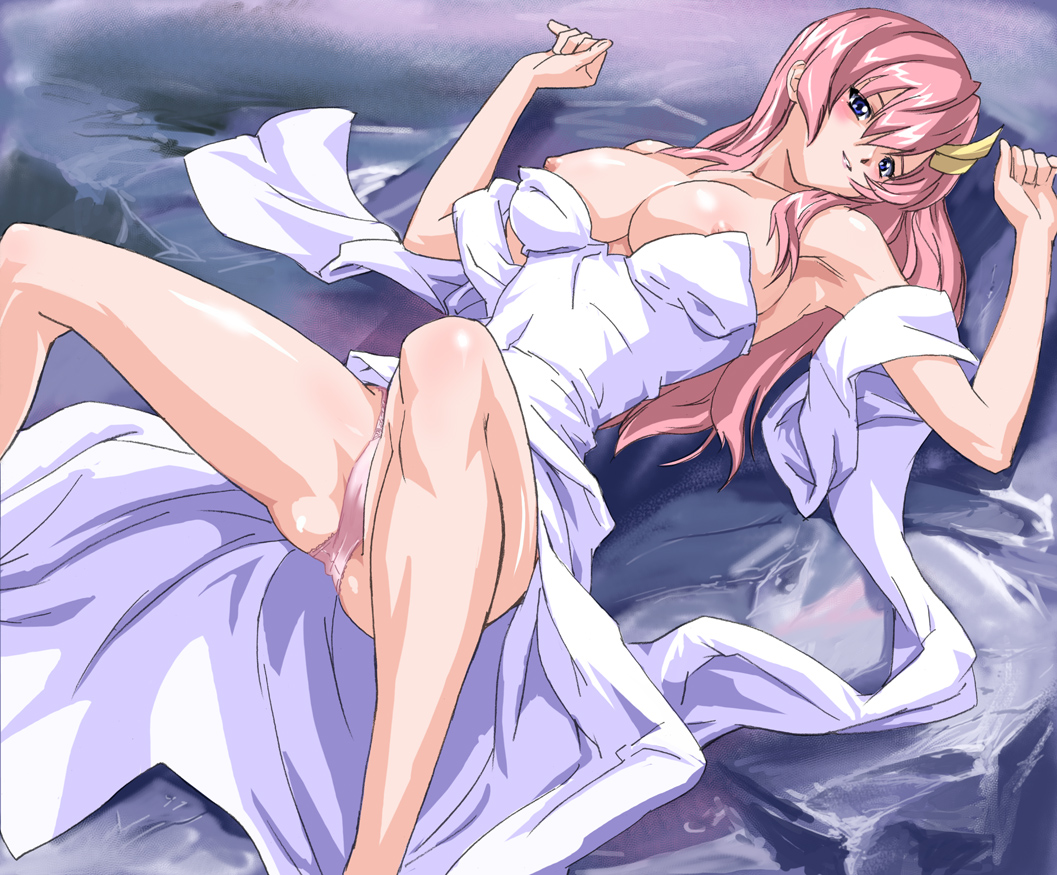 alpa blue_eyes blush breasts dress erect_nipples gundam gundam_seed hair_ornament huge_breasts lacus_clyne large_breasts long_hair lying_on_back nipples panties pink_hair pink_panties spread_legs underwear