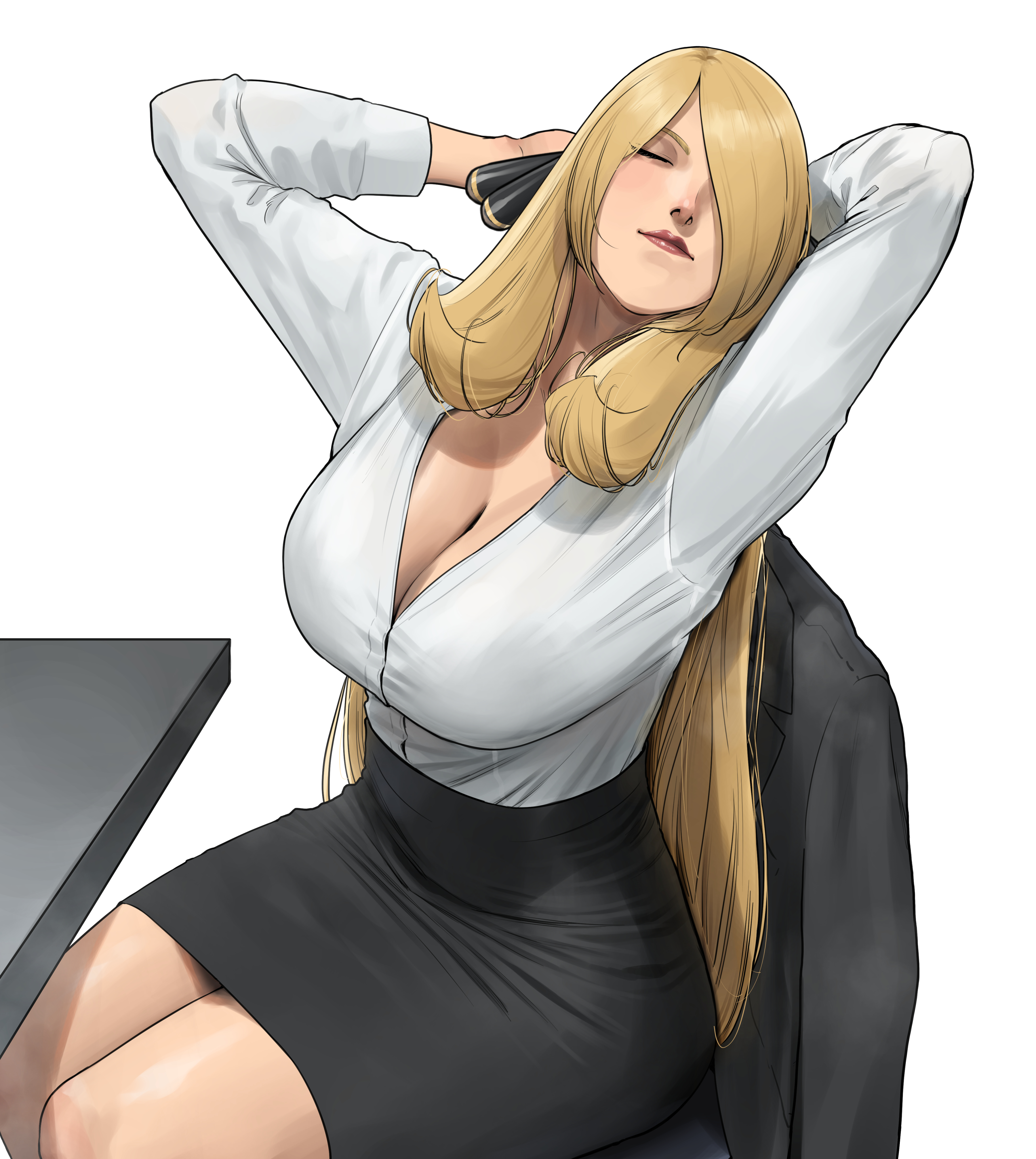1girl, 1girls, 2d, 2d (artwork), blonde female, blonde hair, cleavage, cynthia (pokemon), human, human only, office, office clothing, office lady, pokemon, pokemon dppt, questionable, red lipstick, solo, solo female, solo focus, stretching, wasabishouyu