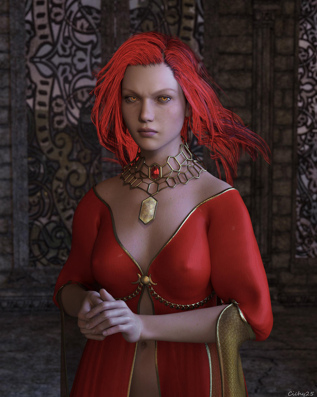 1girls 2017 3d a_song_of_ice_and_fire big_breasts breasts cichy25 erect_nipples female female_only game_of_thrones melisandre nipple_bulge red_hair solo yellow_eyes