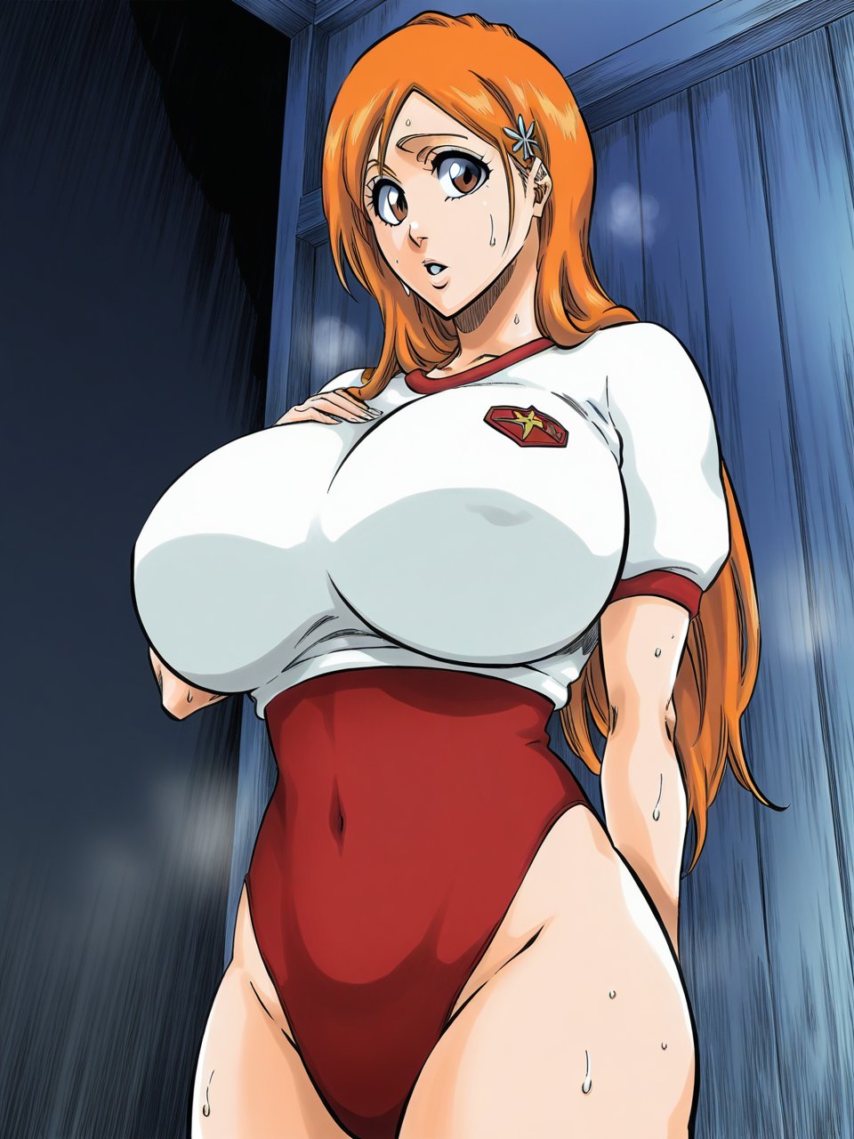 1girls, ai generated, big breasts, bleach, bleach: the thousand-year blood war, brown eyes, curvy, curvy body, curvy female, curvy figure, female, female only, gym, gym uniform, huge breasts, inoue orihime, large breasts, leotard, light skin, light-skinned female, looking at viewer, mature female, orange hair, shao145, shiny skin, shorts, solo, solo female, sweat, t-shirt, tite kubo style