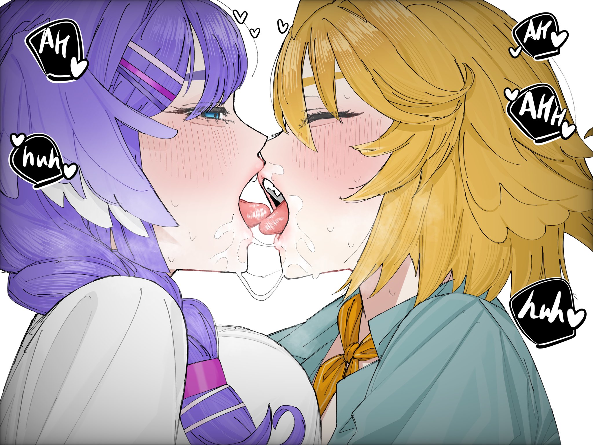 2girls, blonde hair, carrot 011, dokibird, drool string, female, female only, flushed face, hearts around head, indie virtual youtuber, kissing, large breasts, lesbian, lesbian kiss, nijisanji, nijisanji en, purple hair, saliva string, selen tatsuki, selfcest, tongue kiss, virtual youtuber, white background, yuri