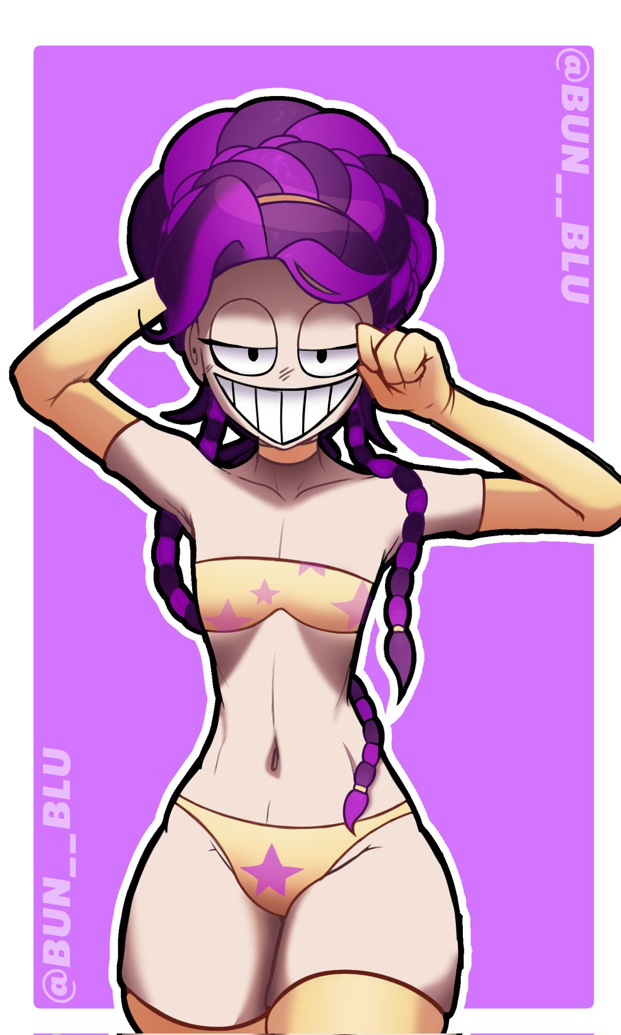 , 1girl, 1girls, alternate ass size, alternate body type, alternate costume, alternate hairstyle, alternate version available, animate inanimate, armpits, arms up, big ass, big butt, big thighs, bottom heavy, braid, braided hair, braided ponytail, braids, breasts, bun blu, choker, curvaceous, curvaceous body, curvaceous female, curvaceous figure, curves, curvy, curvy body, curvy female, curvy figure, curvy hips, doll, doll girl, eyelashes, female, female focus, female only, flat chest, flat chested, gloves, hair bun, half-closed eyes, hourglass figure, hourglass figured female, humanoid, humanoid female, inanimate animate, large ass, large butt, large thighs, lily lovebraids, long gloves, long hair, long purple hair, midriff, mob entertainment, mob games, narrow waist, navel, panties, ponytail, ponytail (hair), ponytail female, poppy playtime, poppy playtime (chapter 5), purple hair, pussy, seductive eyes, seductive gaze, seductive look, seductive smile, small breasts, smile, smiling, solo, solo female, standing, swimsuit, swimwear, thick thighs, thighhighs, thighs, tube top, tubetop, wide hips, wide thighs