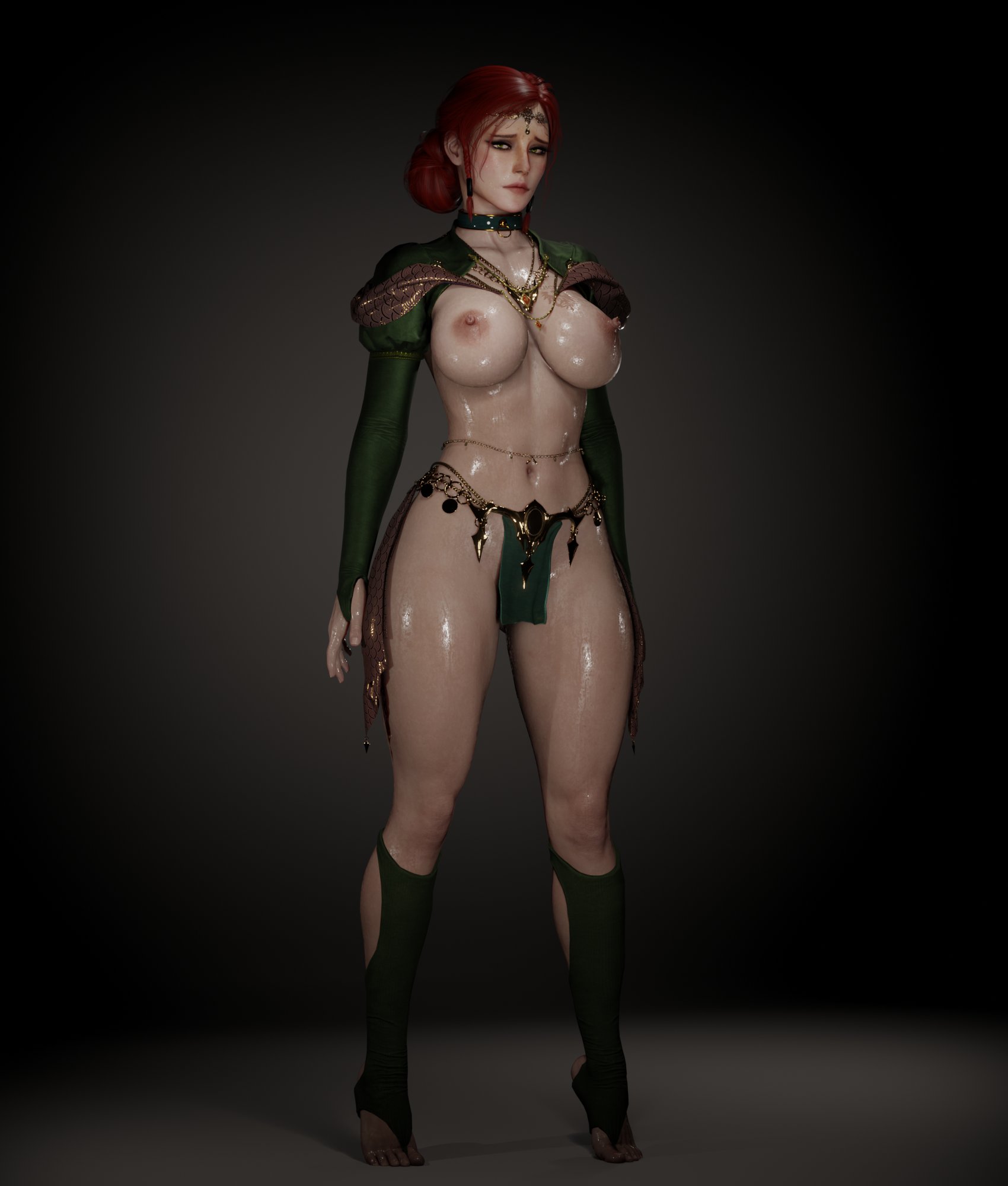 1girls, 3d, breasts, cd projekt red, collar, female, female only, freckles, hair ornament, light skin, light-skinned female, looking at viewer, mascara, nipples, red hair, slave collar, soboro, solo, solo female, the witcher (series), the witcher 3: wild hunt, triss merigold, wet body